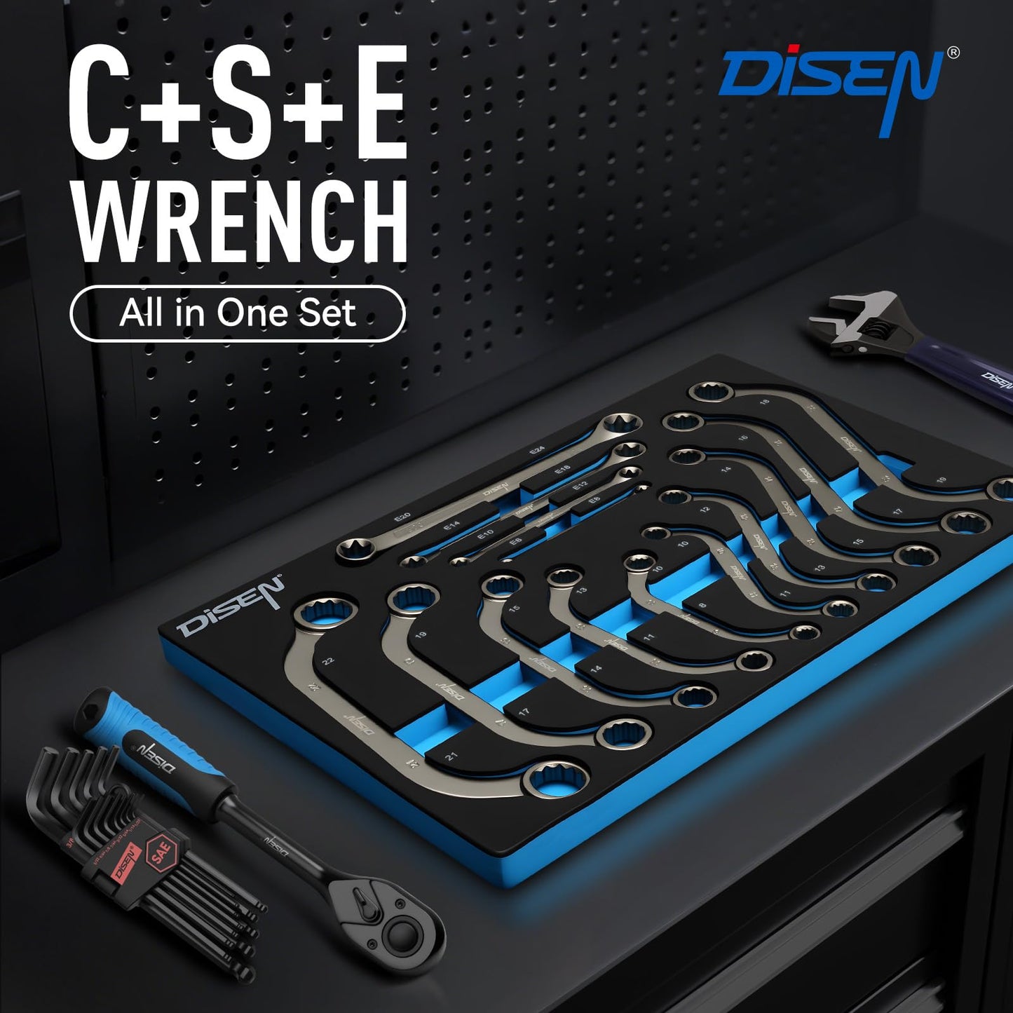 DISEN 14-Piece Half Moon&S-Style & E-Torx Wrench Set, CR-V, Wrench 5-Piece Half Moon Box Set Metric 8mm to 22mm,4-Piece E-Torx E6-E24,5-Piece S-Style Box 10-19mm,12 Point, EVA Foam Tool Organizer