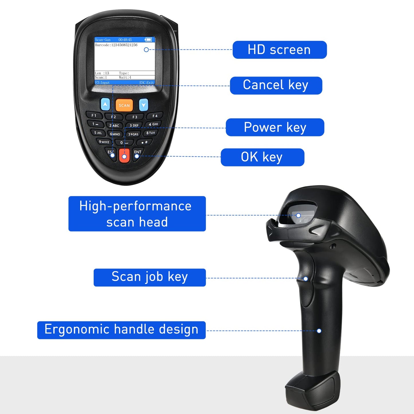 1D 2D Barcode Scanner Wireless, JRHC Portable Inventory Scanner & Data Collector Data Terminal PDT Inventory Device with Long Transmission Distance 2.4G Wireless Bar Code Reader with 2.2" LCD Screen