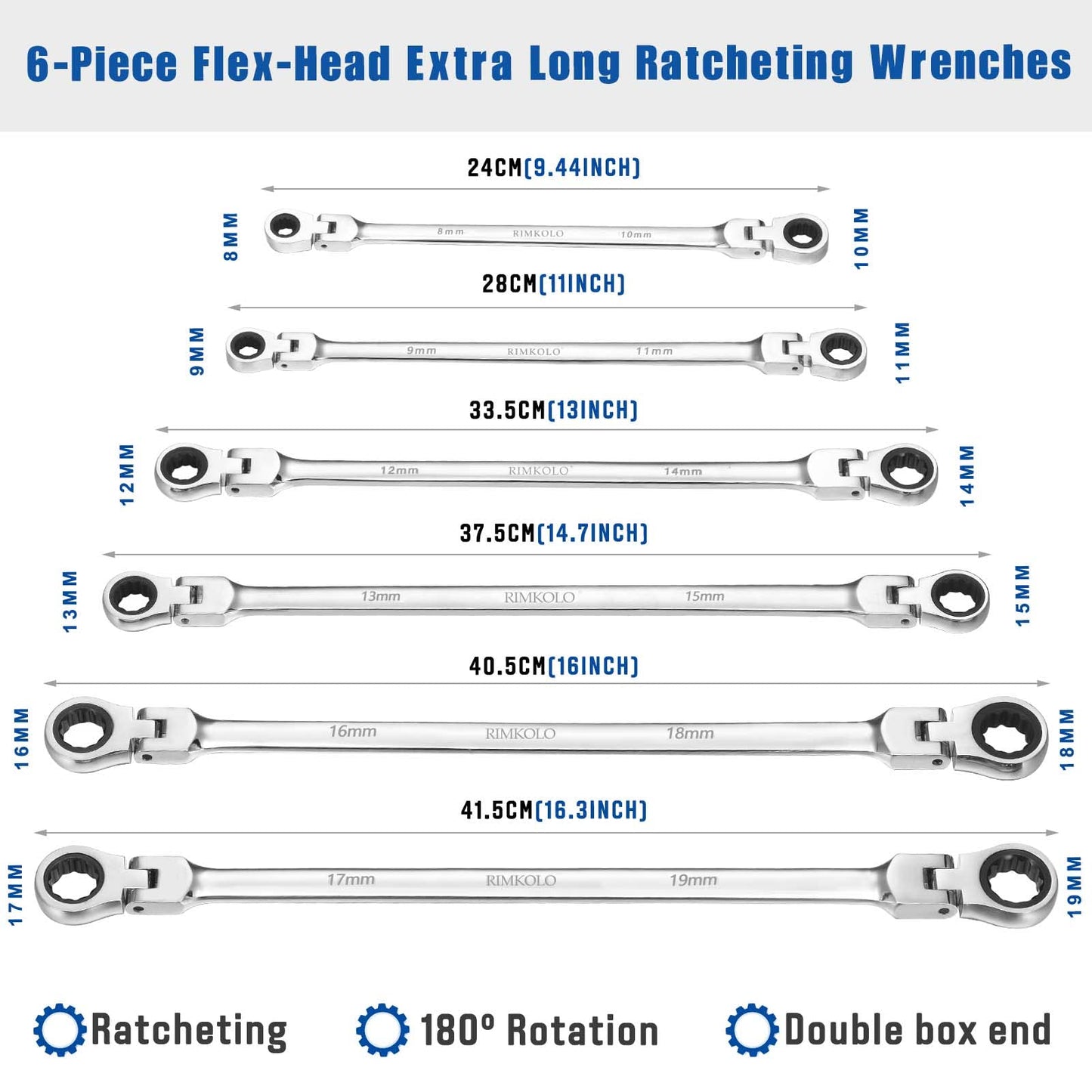RIMKOLO 6-Piece Extra Long Flex-Head Ratcheting Wrench Set, 72-Tooth Double Box End Wrench Set, CR-V Steel ratcheting wrenches with Metric 8mm - 19mm