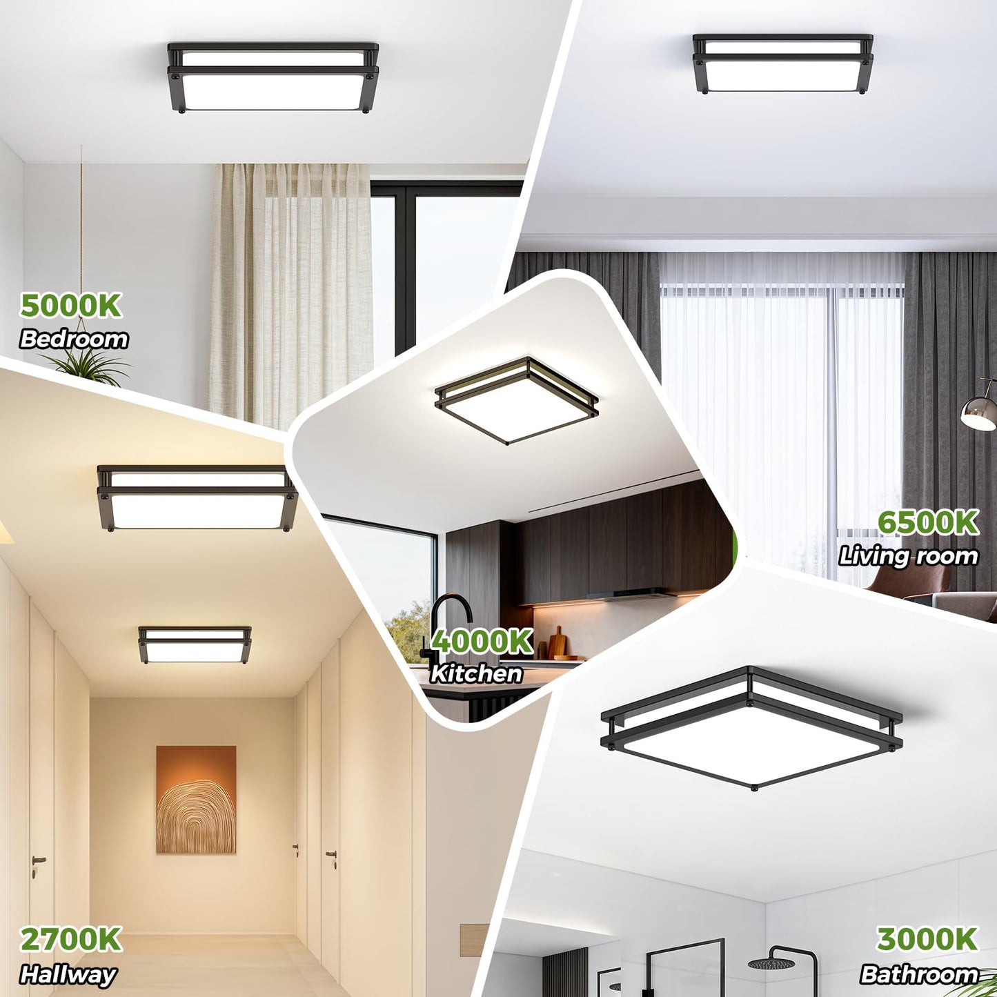 2-Pack 13 Inch Flush Mount LED Ceiling Light Fixtures, 36W 3200 Lumens Black Square Dimmable Ceiling Light, 2700K/3000K/4000K/5000K/6500K Adjustable Modern LED Lights for Bedroom Kitchen Bathroom