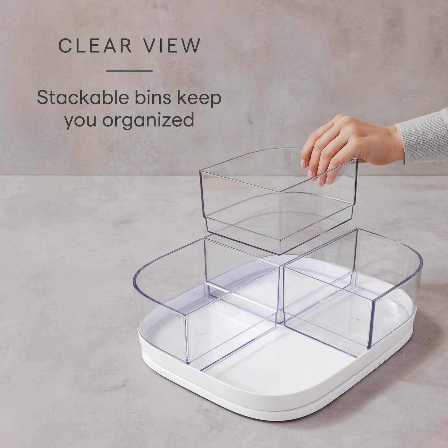 YouCopia MagicTrack Rectangle Lazy Susan Turntable with 4 Clear Storage Bins: Rotating Cabinet Organizer for Kitchen or Bathroom Items, 360° Spin, Non-Slip, White Speckled BPA-Free