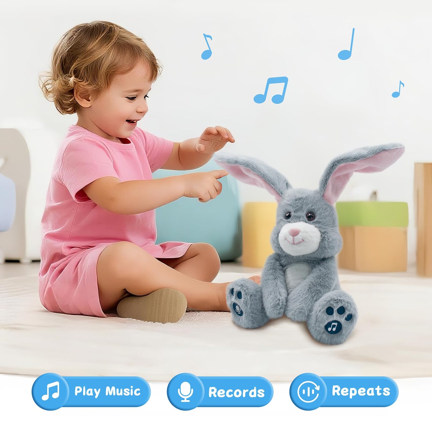 YH YUHUNG Easter Bunny Interactive Talking Plush Toy, Voice Repeat & Record, 10 Songs with Flapping Ears, Volume Control, Animated Stuffed Rabbit Easter Basket Stuffers for Toddlers Kids, Soft Gray