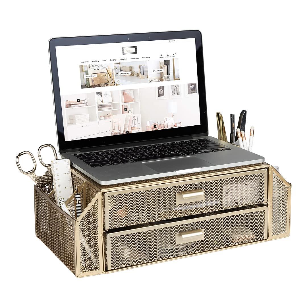 Blu Monaco Gold Monitor Stand with Drawer – Computer Monitor Riser with Storage – Laptop Stand for Desk with Storage - Laptop organizer - Desk Organizer with Drawers