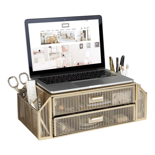 Blu Monaco Gold Monitor Stand with Drawer – Computer Monitor Riser with Storage – Laptop Stand for Desk with Storage - Laptop organizer - Desk Organizer with Drawers
