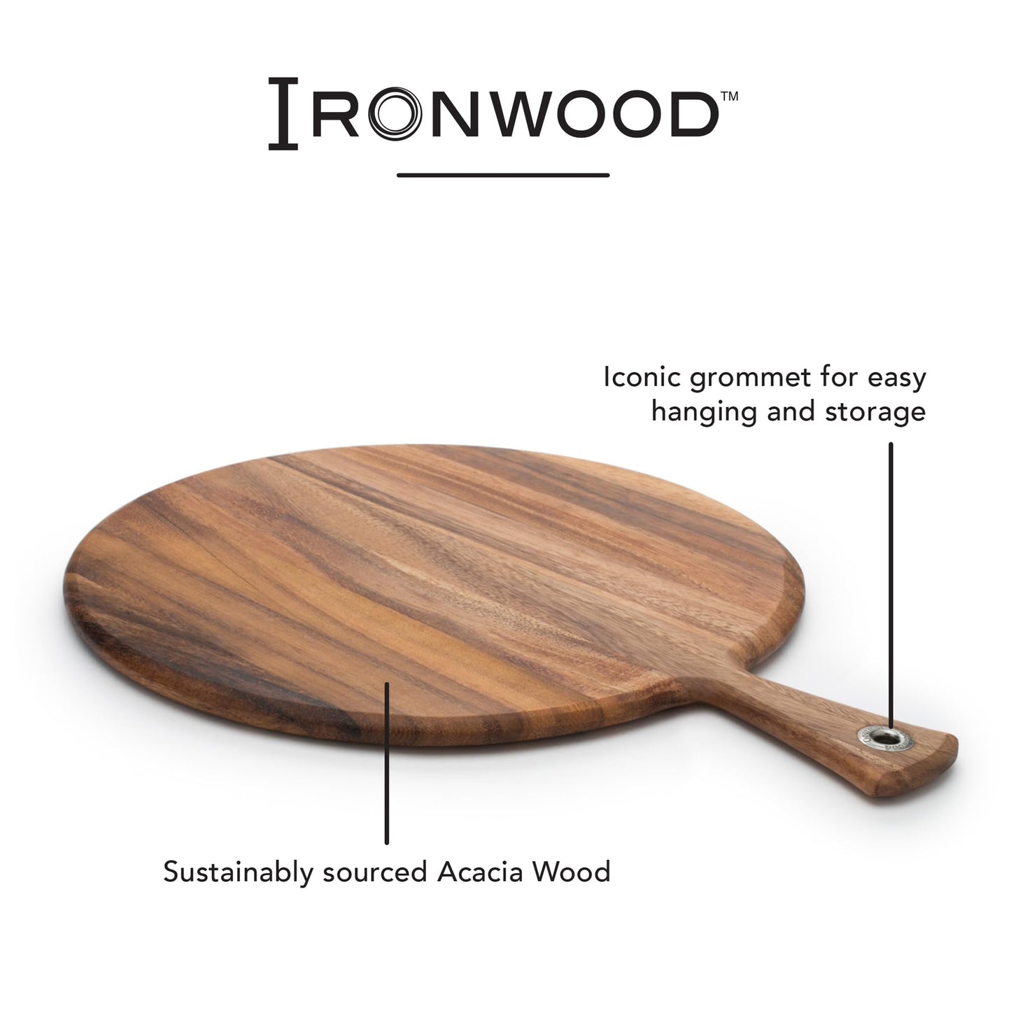 Ironwood Gourmet Acacia Wood Provencale Paddleboard, XL Round Serving Board With Handle