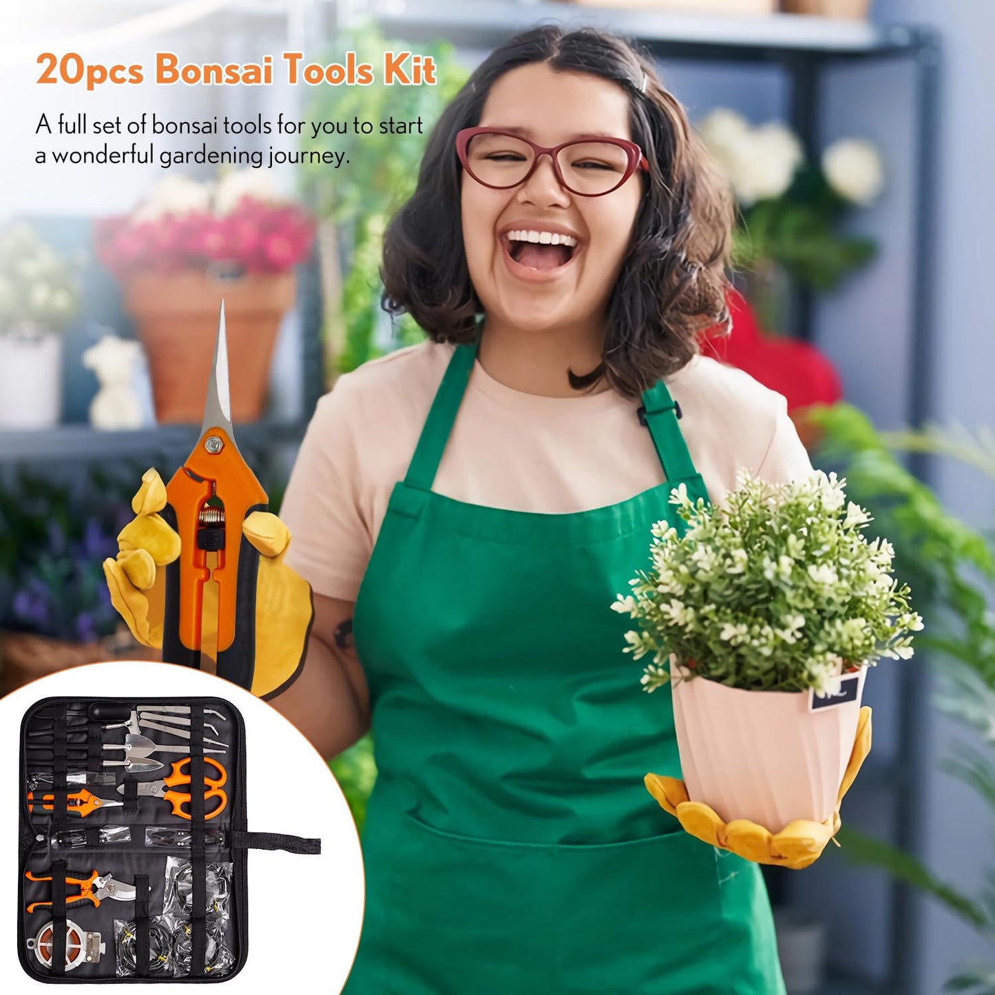 Bonsai Tools Kit 20 Pcs Garden Tools Set for Beginner, Includes Bonsai Wire Kit, Plant Mat, Pruning Shears, Bonsai Scissors, Succulent Tools in Leather Storage Bag, Gardening Gift for Women Men