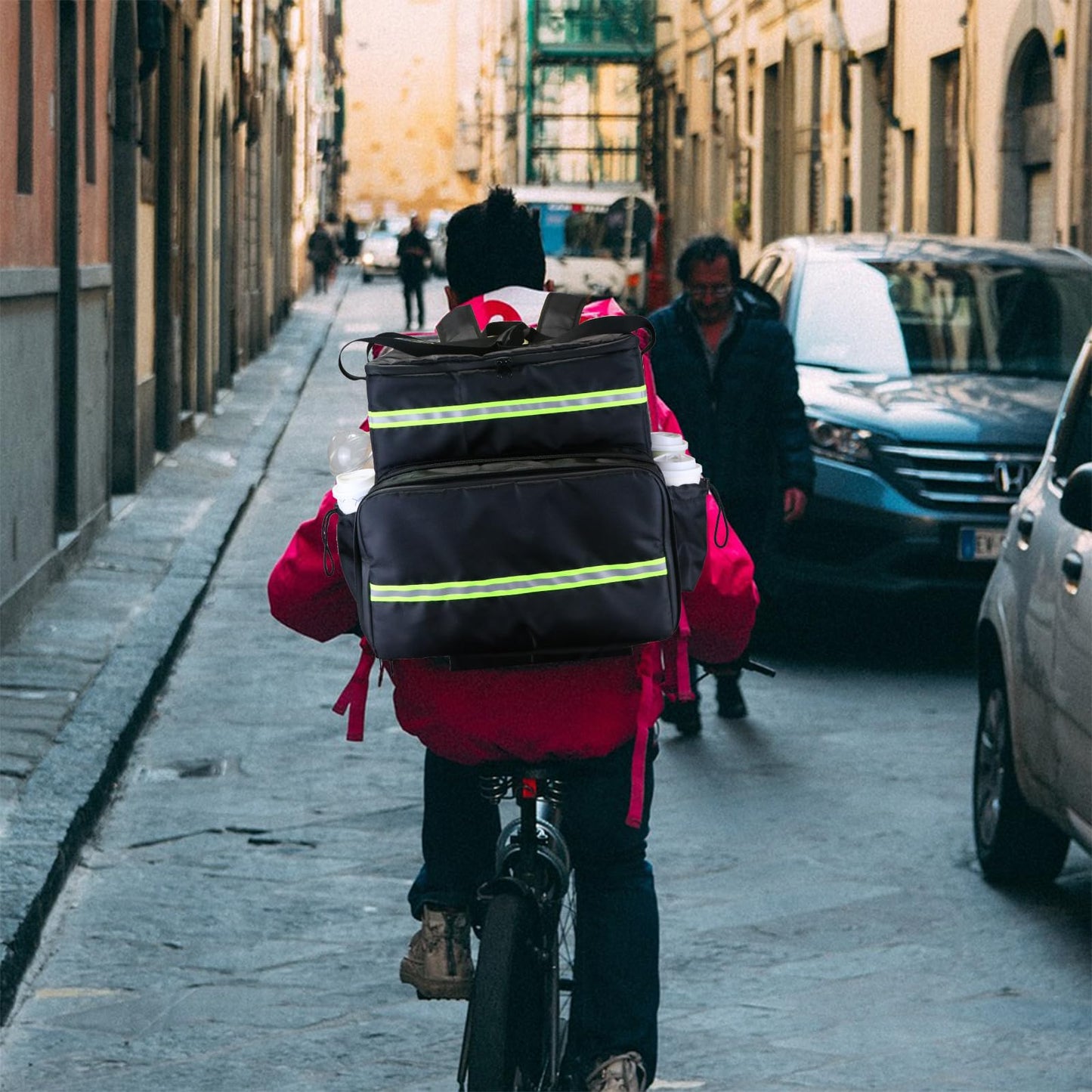 MEODOASSY Extral Large Food Delivery Backpack,17"x17"x16" Insulated Pizza Delivery Backpack fits 14'' 16'' Pizzas, Motorcycle Food Delivery Bag for Bike with 4 Pockets for Uber Eats, Doordash