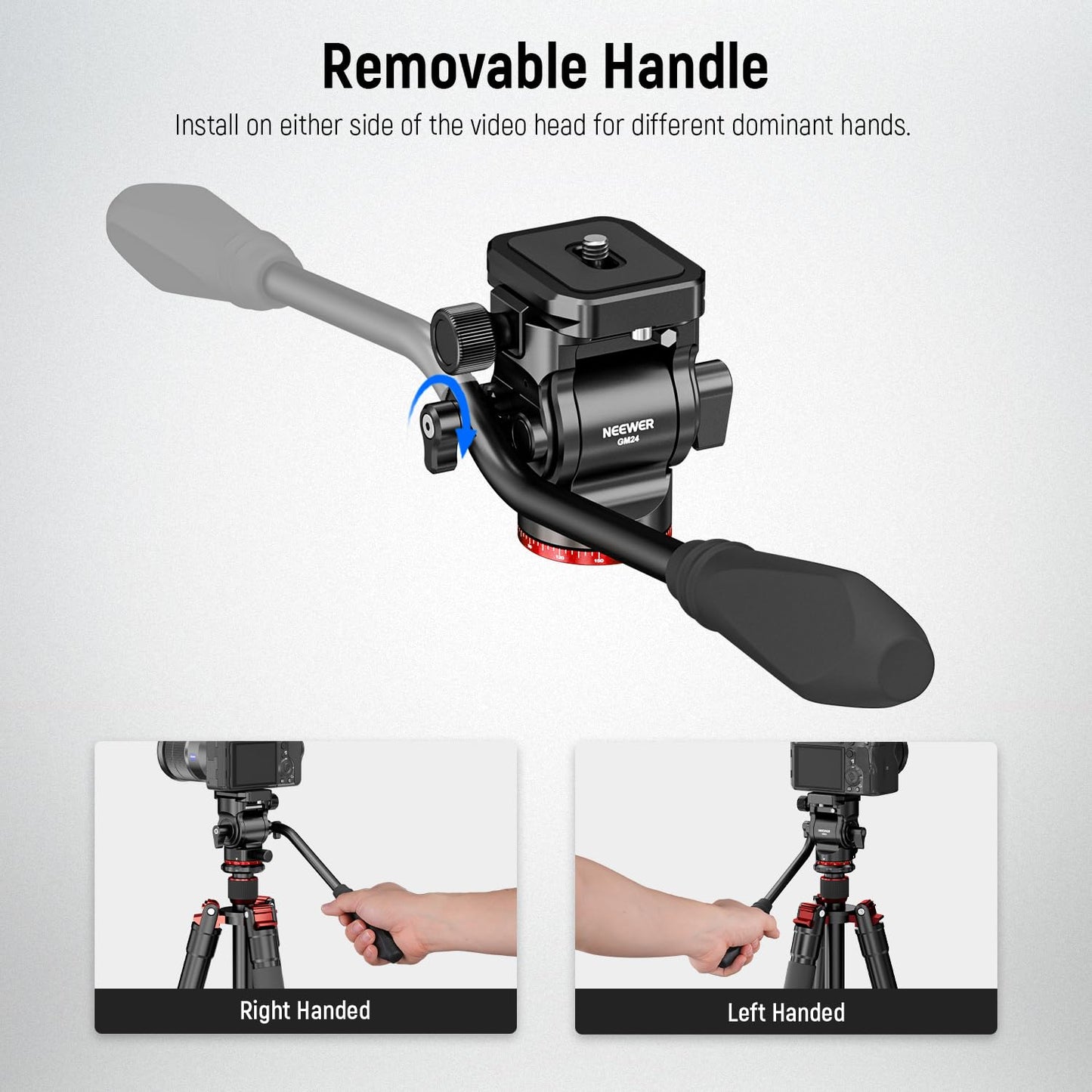 NEEWER Tripod Fluid Head Pan Tilt Head with Quick Release Plate and Handle, Metal Camera Tripod Head Compatible with Arca Swiss for Compact Video Cameras DSLR Cameras, Load up to 6.6lb/3kg, GM24
