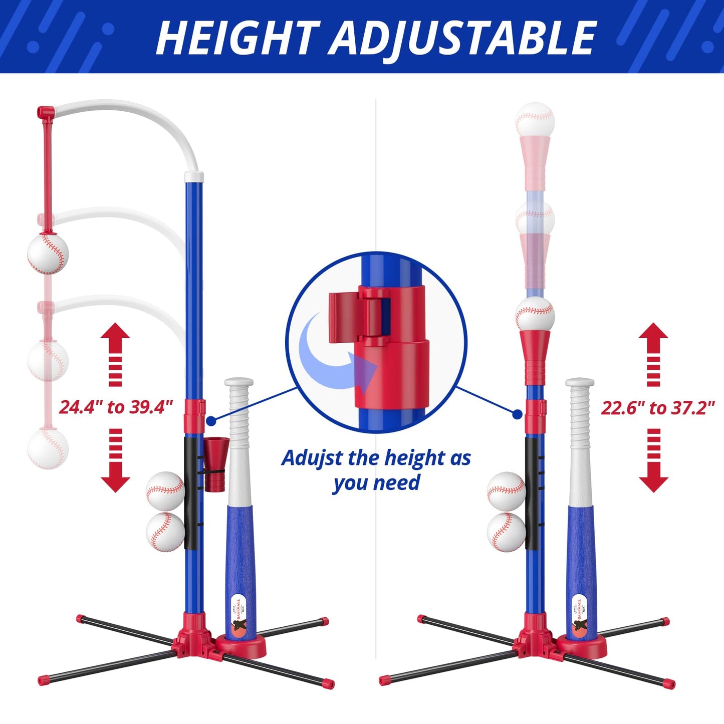HYES 3 in 1 T Ball Set for Kids 3-5, Kids Baseball with Hanging Tee/Standing Tee/Automatic Launcher/6 Softballs, Adjustable Height Toddler Baseball Sets Indoor Outdoor Sport Gifts Toys for Boys, Blue
