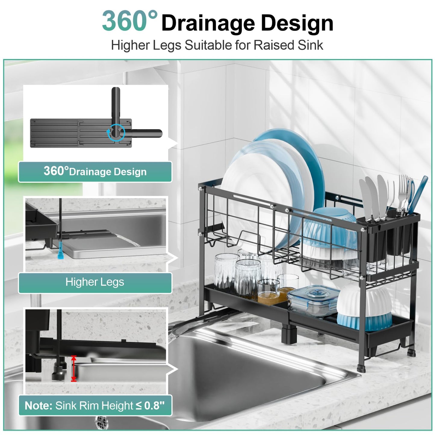 GSlife Narrow Dish Drying Rack, 2 Tier Small Dish Drainer for Kitchen Counter, Expandable Compact Dish Rack with Utensil Holder for RV/1-2 People, 15.7''-20.7''L x 7" D x 12.6" H, Black