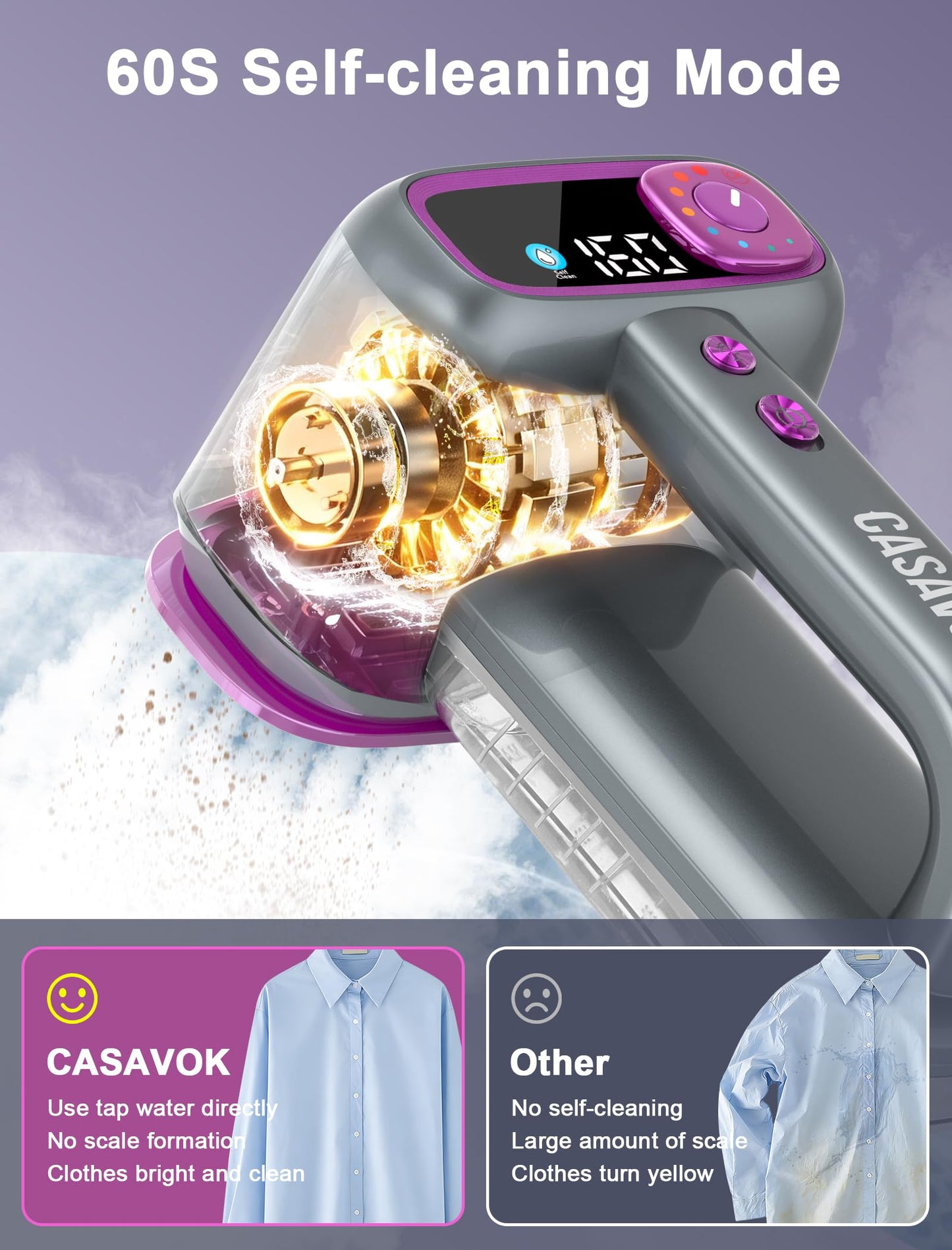 Garement Steamer for Clothes,Travel Steamer for Clothes,2 in 1 steamer and iron,160ml Large Water Tank Portable Steamer for Clothes,6 Steam Mode&Dual-Layer Heated Steam Plate,120V for Home(Purple)