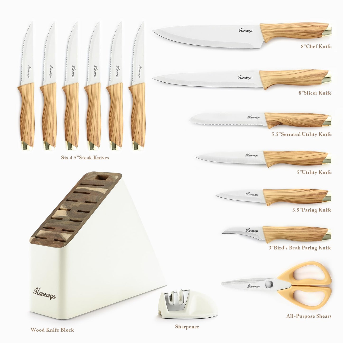 Hancorys Knife Block Set, Kitchen Knife Set with Sharpener, German Stainless Steel Gold Knives Set with Block and Ergonomic Wood Grain Handle, Ultra Sharp Cooking Knives