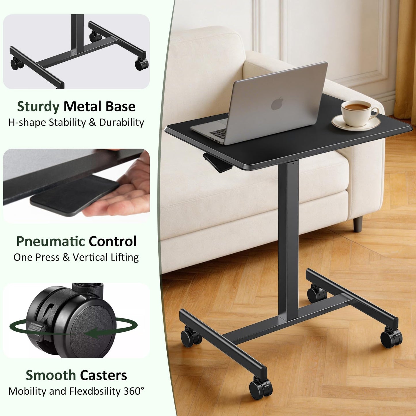 SageNest Adjustable Mobile Standing Desk, Rolling Sit-Stand Laptop Desk with Locking Wheels, Compact Portable Computer Table for Home Office or Dorm, Black