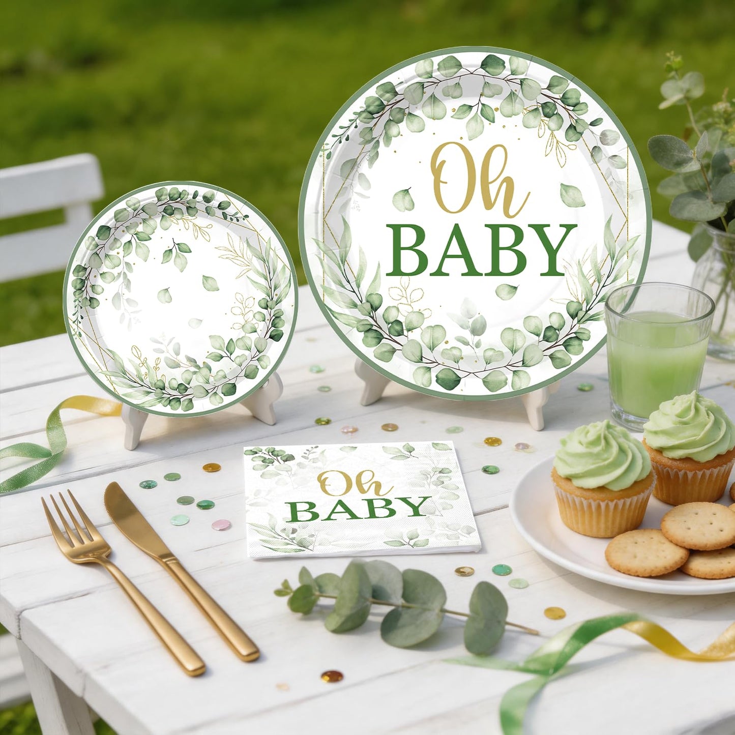 Fexivo 286 Pcs Sage Green Baby Shower Decorations Set-Serves 25 Guests -All-in-One Gender Neutral Party Supplies Kit Includes Balloon Arch, Backdrop, Tableware Set, and Sash