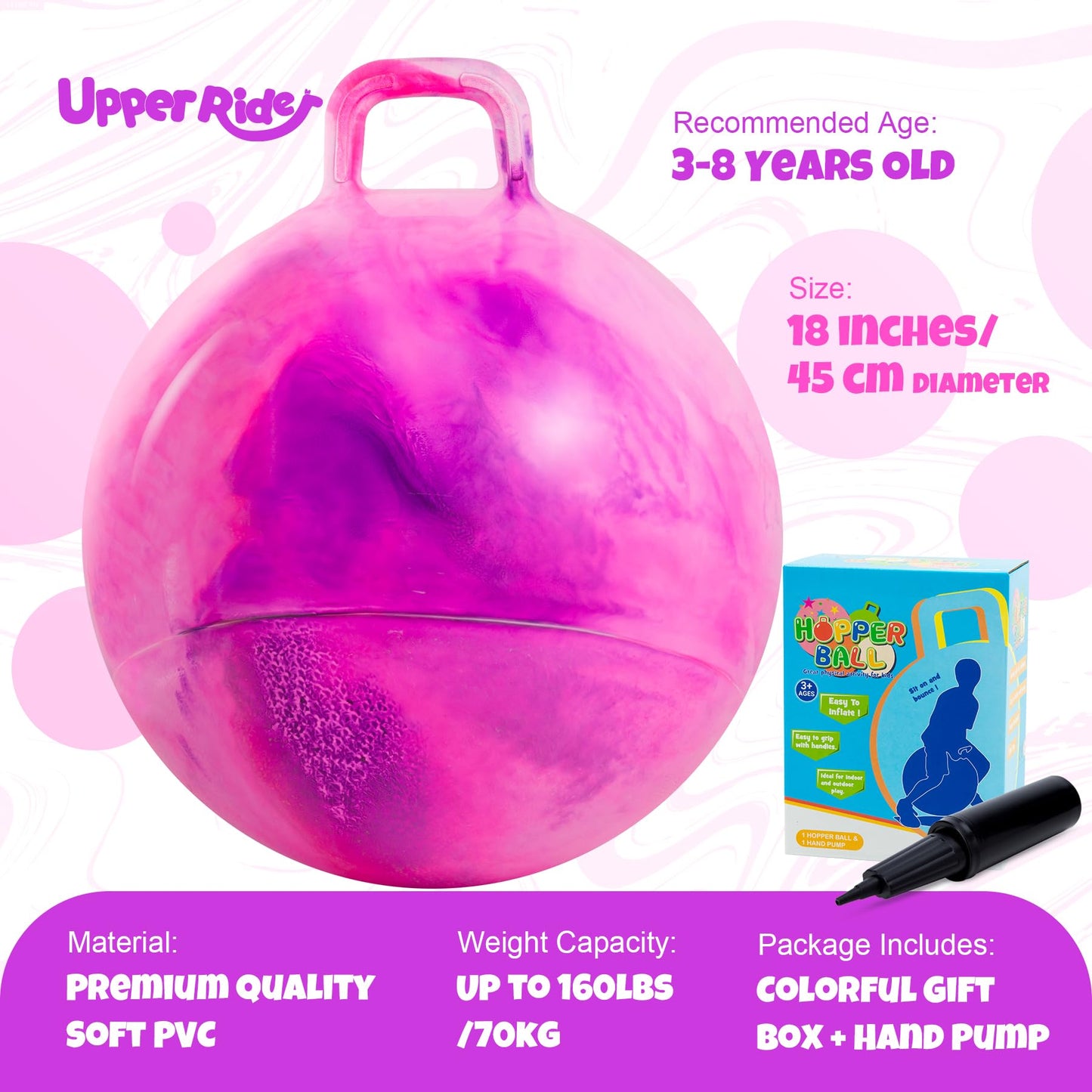 Upper Rider - 18 Inch Cloud Hopper Ball for Kids Age 3-8, Bouncy Ball with Handle, Inflatable Jump with Pump and Gift Box, Indoor Outdoor Balance Toy for Girls and