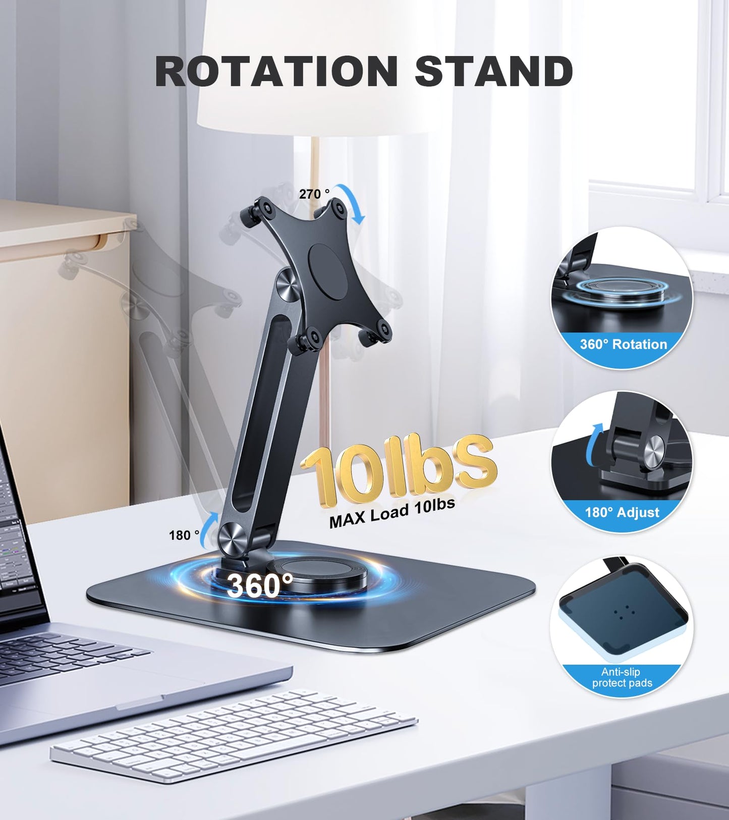 JUNEBOX Portable Monitor Stand VESA 75x75mm Holes M4 Anti-Loss Screws, Aluminum Alloy Base, Fits 7"- 18", 15.6" 16" 17" 17.3" 18" Inch Small Monitors Lay Flat, Black Desk Mount (Not Fits100x100mm)