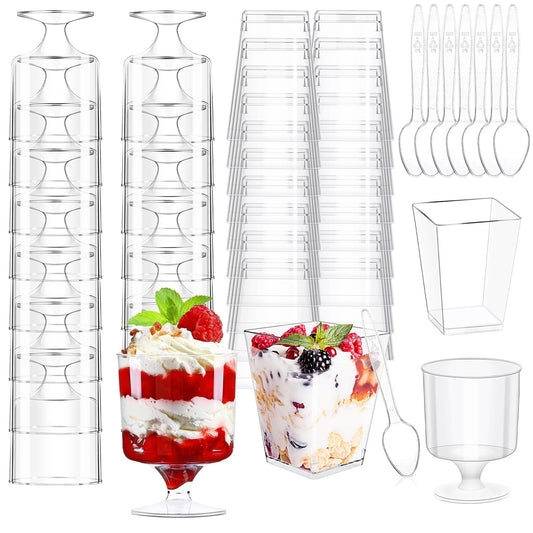 200Pcs Dessert Cups with Spoons 100Pc 5 OZ Mini Clear Plastic Appetizer Parfait Cup 100 Spoon Small Fruit Mousse Pudding Serving Bowl Trifle Desert Shooter for Party Square Glasses Round Goblet