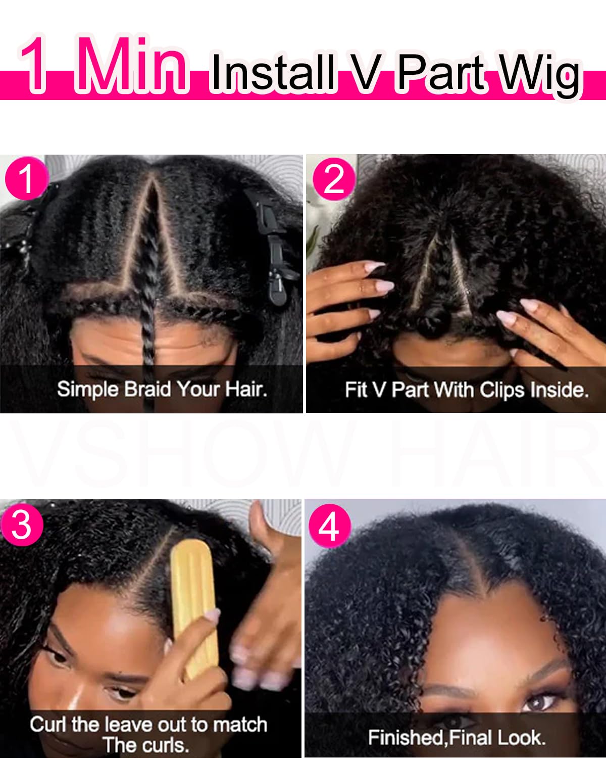 Vshow Glueless Wigs V Part Wig Human Hair Afro Curly Wig No Leave Out Thin Part Human Hair Wig Beginner Friendly 180% Density Upgrade U part Kinky Curly Wigs 20Inch