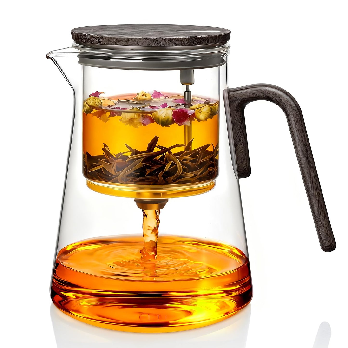 ZENS Magnetic Tea Pot, Large Enchanted Glass Teapot with Infuser and Magnetic Suction Lid for Mess-Free Loose Tea Diffusers, Black Walnut Pattern Handle, Tea Lovers Gifts