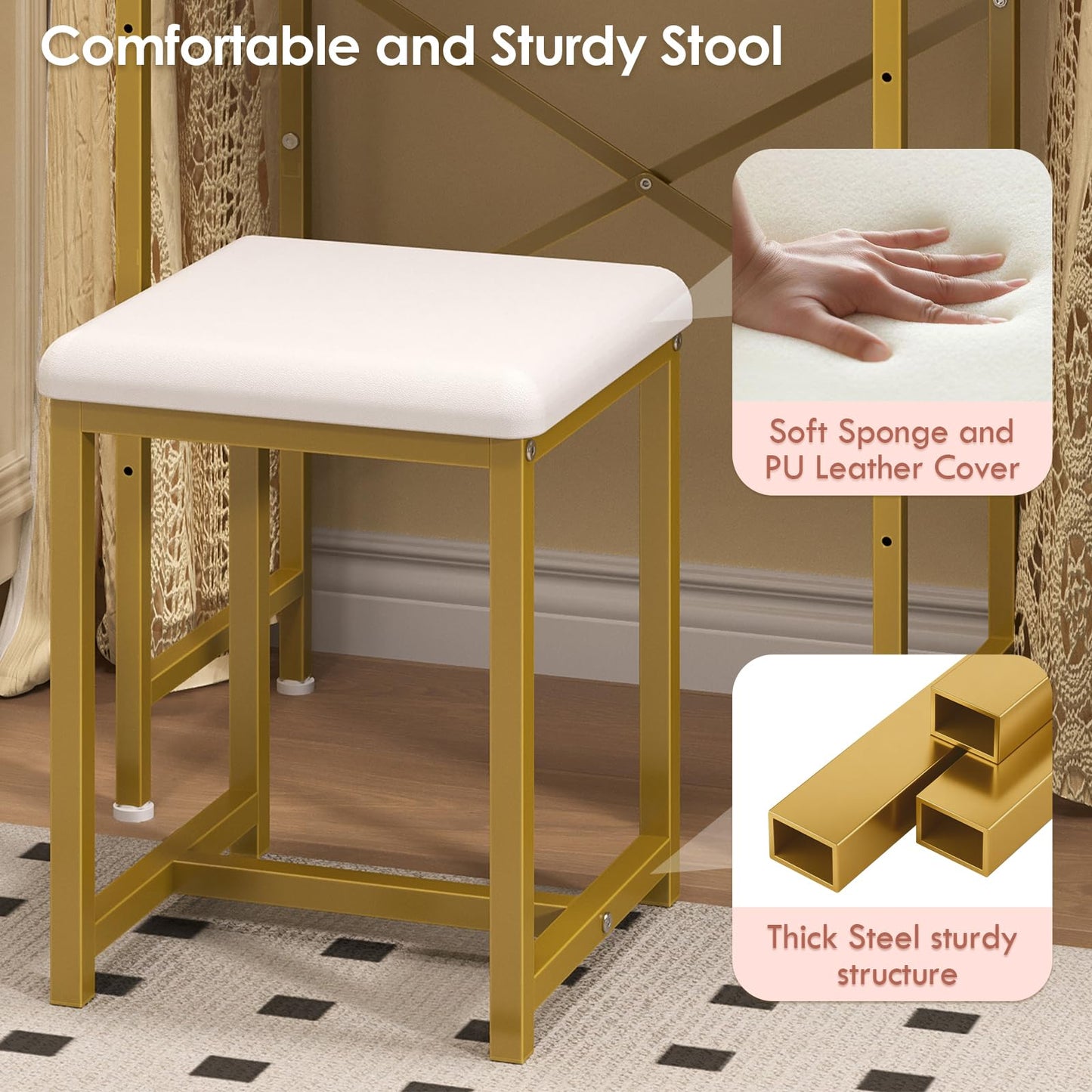 X-cosrack Small Makeup Vanity Desk with Mirror & Chair, Mini Vanity Desk Table Set with Fabric Storage Drawer, 19.7" Compact Vanity Desk for Girls, Dressing Table with Chair for Bedroom, White Golden