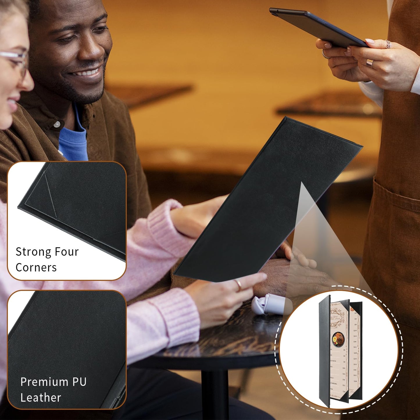 FLKQC Restaurant Menu Covers Holders 4.25" x 11" | Pack of 10 Synthetic Leather Triple Fold Panels 4 View Angled Corners Black for Wine List, Drinks (10, Triple Fold Panels 4 View (4.25 x 11 inch))