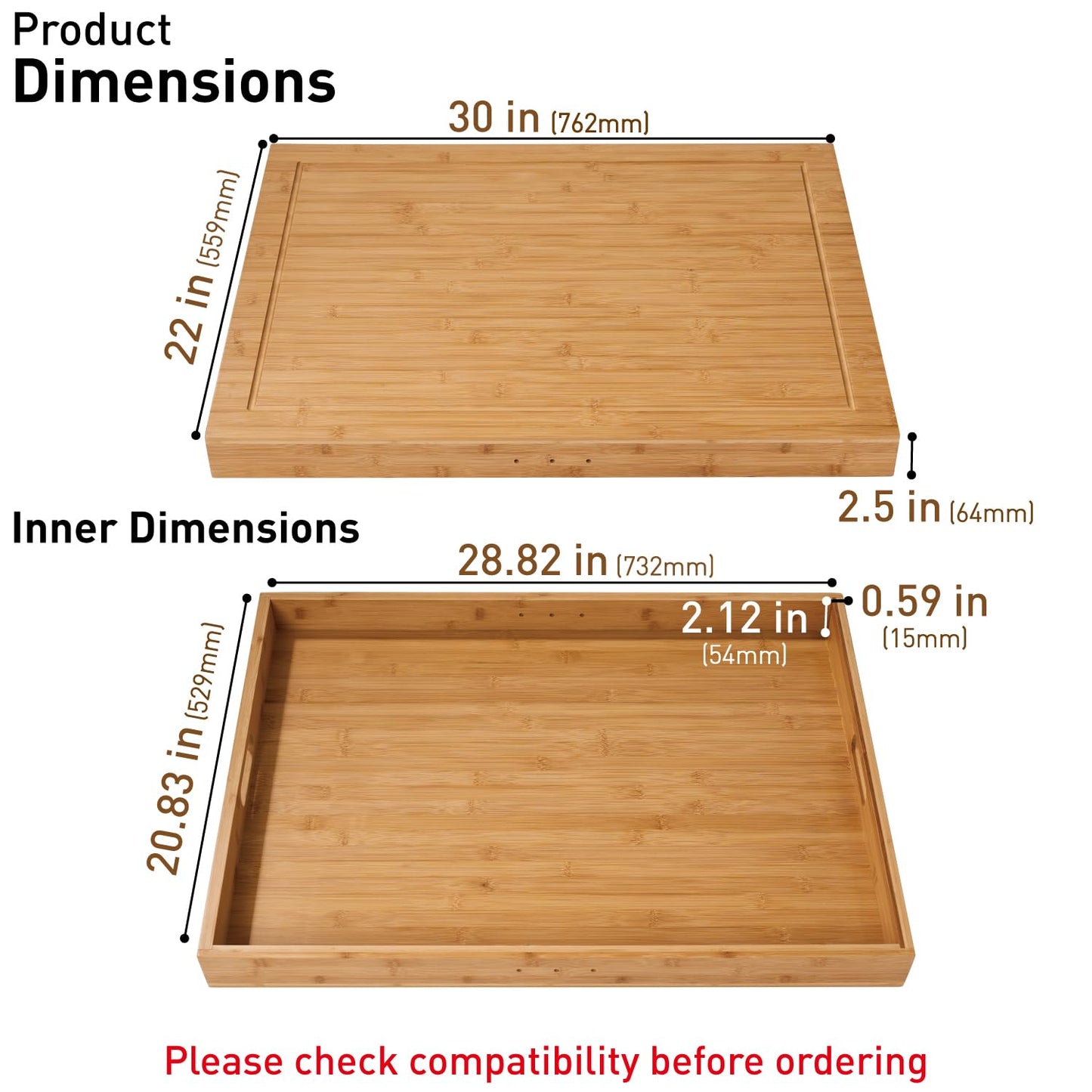 Buruis Acacia Wood Stove Cover for Gas & Electric Burners, 30”x22”x2.5” (Outer Size), Fits Stoves up to 28.8”x20.8” (Inner Size), Noodle Board with Handles & Juice Groove, (Natural Acacia)