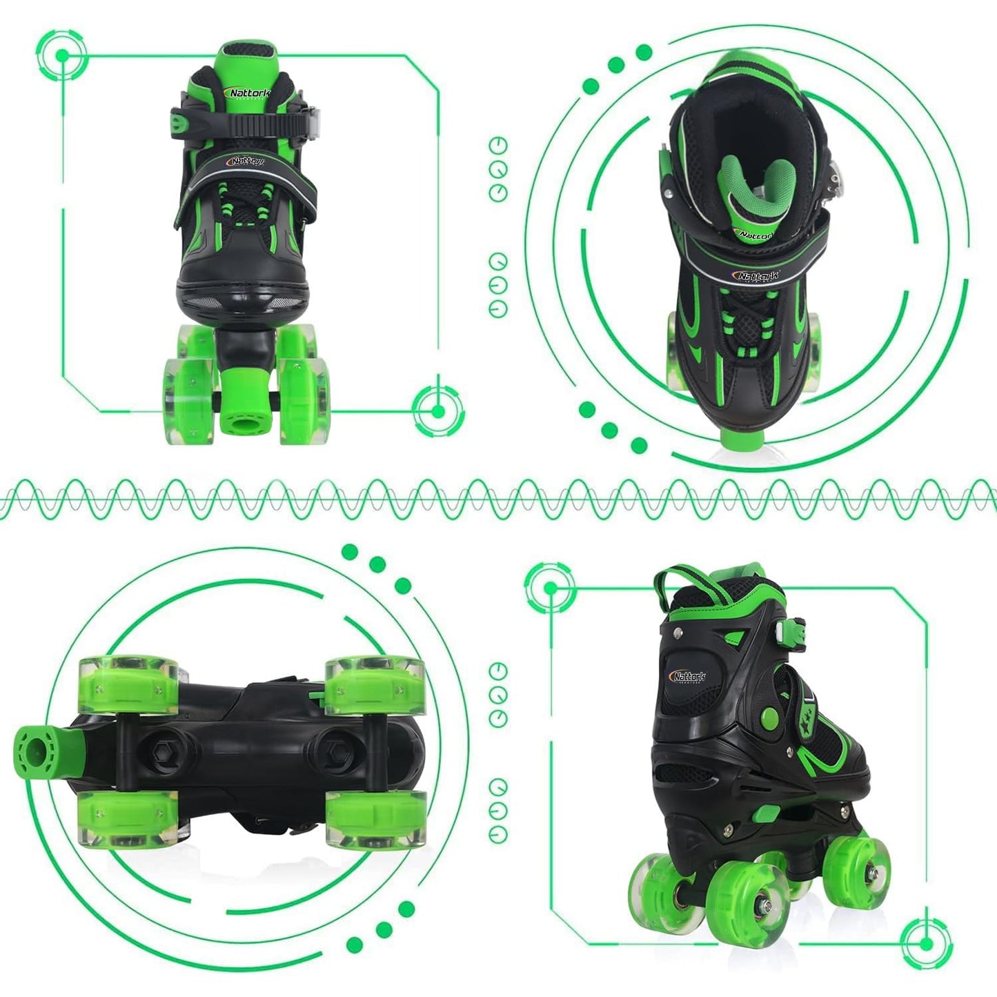 Kids Roller Skates for Boys - Green for Big Kids Age 7 8 9 10 - Adjustable All Light up Wheels Indoor Outdoor Sports Birthday Gift for Son and Grandson