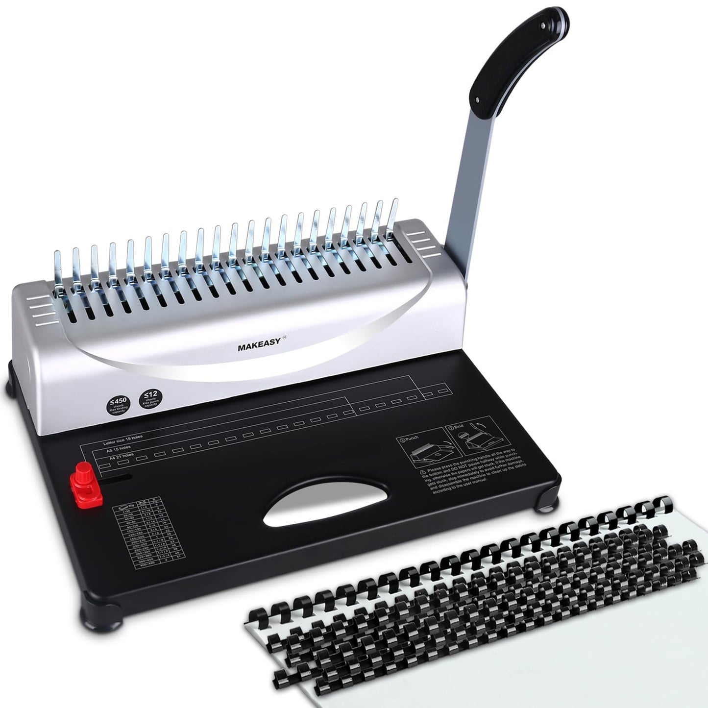 MAKEASY Comb Binding Machine - Punch 12 Sheet, Easy Punch No Jam, Heavy-Duty Metal Build, Book Binder for Office Reports & Home School Projects, Includes 100 Combs, Letter/A4/A5 Compatible
