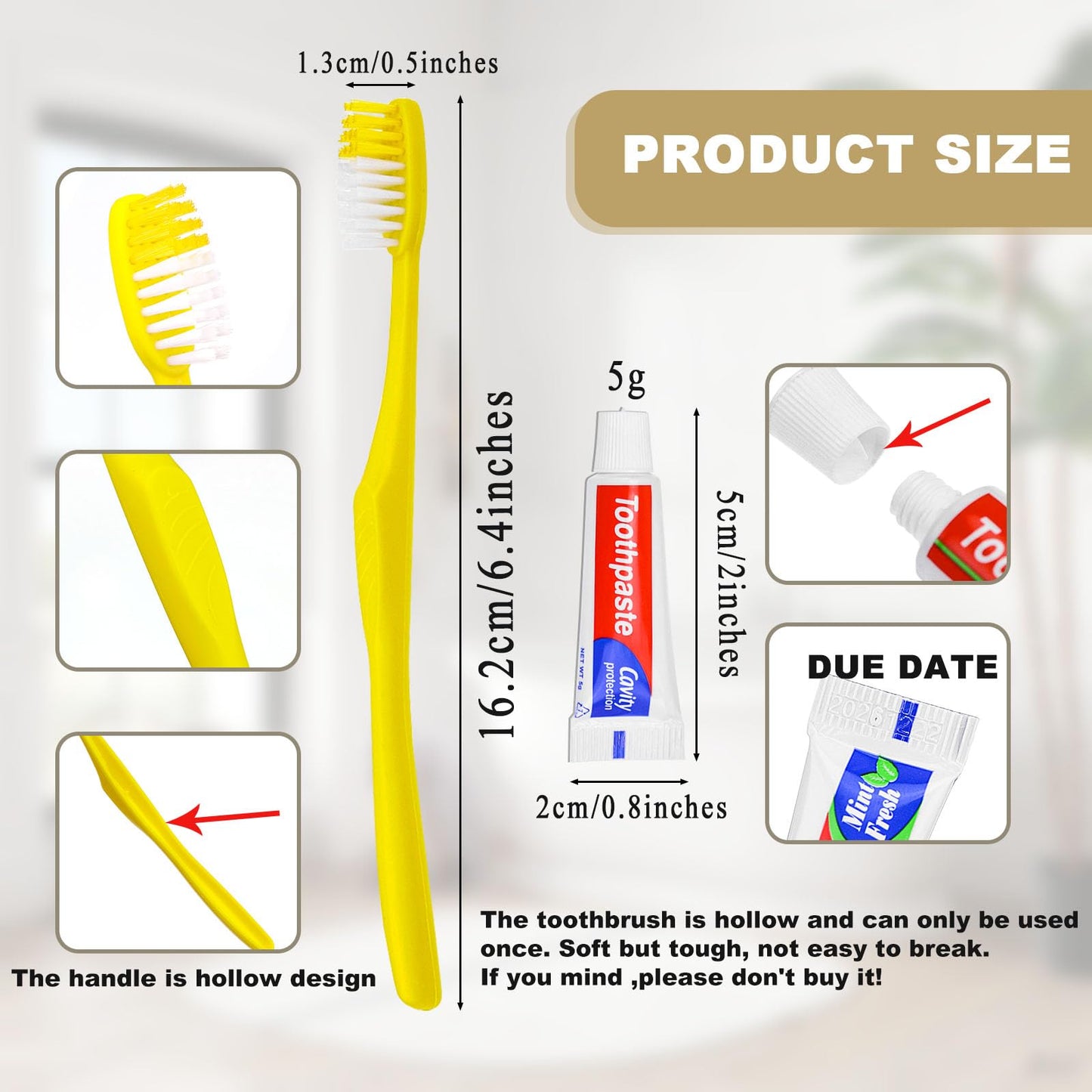 Xuezoioy Disposable Toothbrushes with Toothpaste,300 Pack Yellow Hollow Individually Wrapped Disposable Travel Toothbrushes Kit in Bulk for Homeless,Nursing Home,Hotel,Charity