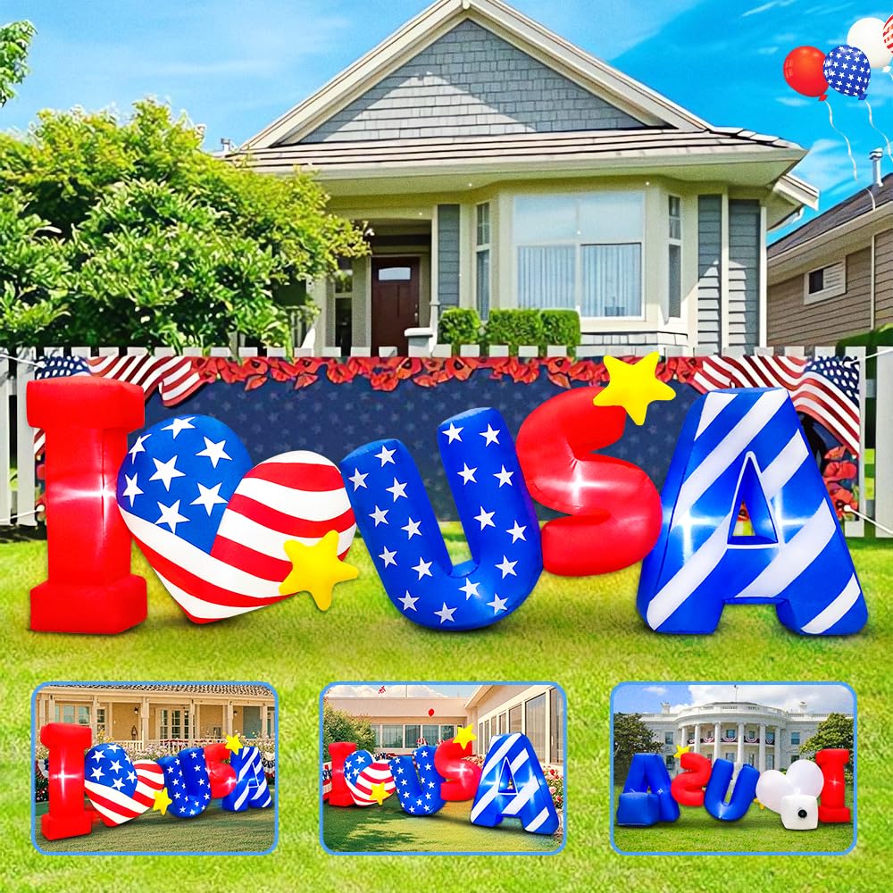 8FT Patriotic Independence Day 4th of July Inflatable Outdoor Decoration, Inflatables ILOVEUSA Decor, Built in LED Lights Blow Up Fourth of July Decor for Holiday Party Garden Yard Lawn
