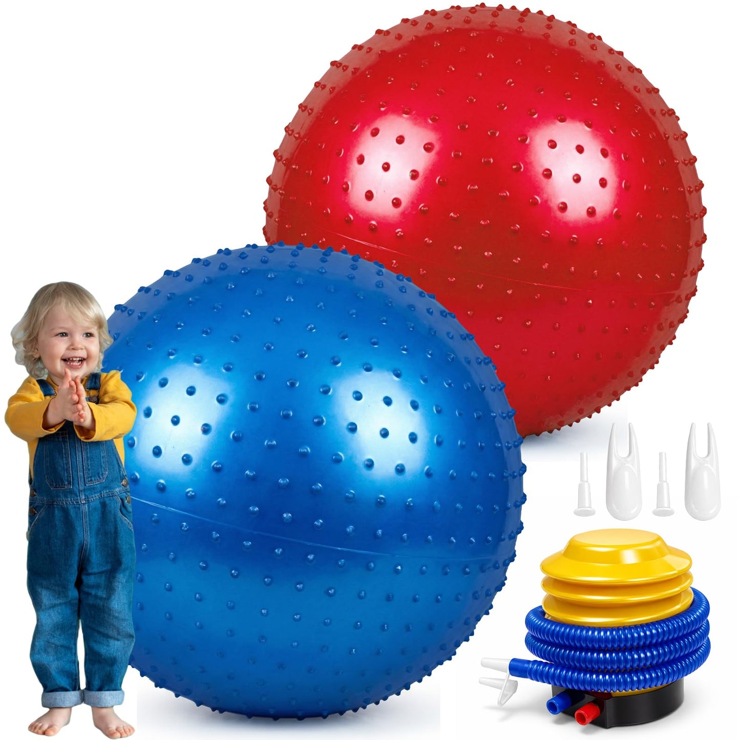 Lazynko 2 Pack Large Sensory Massage Ball with Tactile Spikes Red & Blue 33.5" 85CM Bouncy Exercise Yoga Ball for Kids,Outdoor Beach Play,with Pump