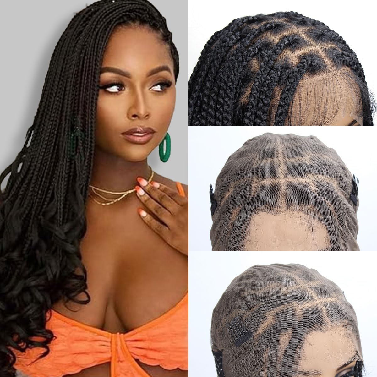 lounoke 36 Inch Braided Wigs With Curly Ends, 360 Single Full Lace French Curl Braided Wigs for Black Women Knotless Box Braid Wig with Baby's Hair