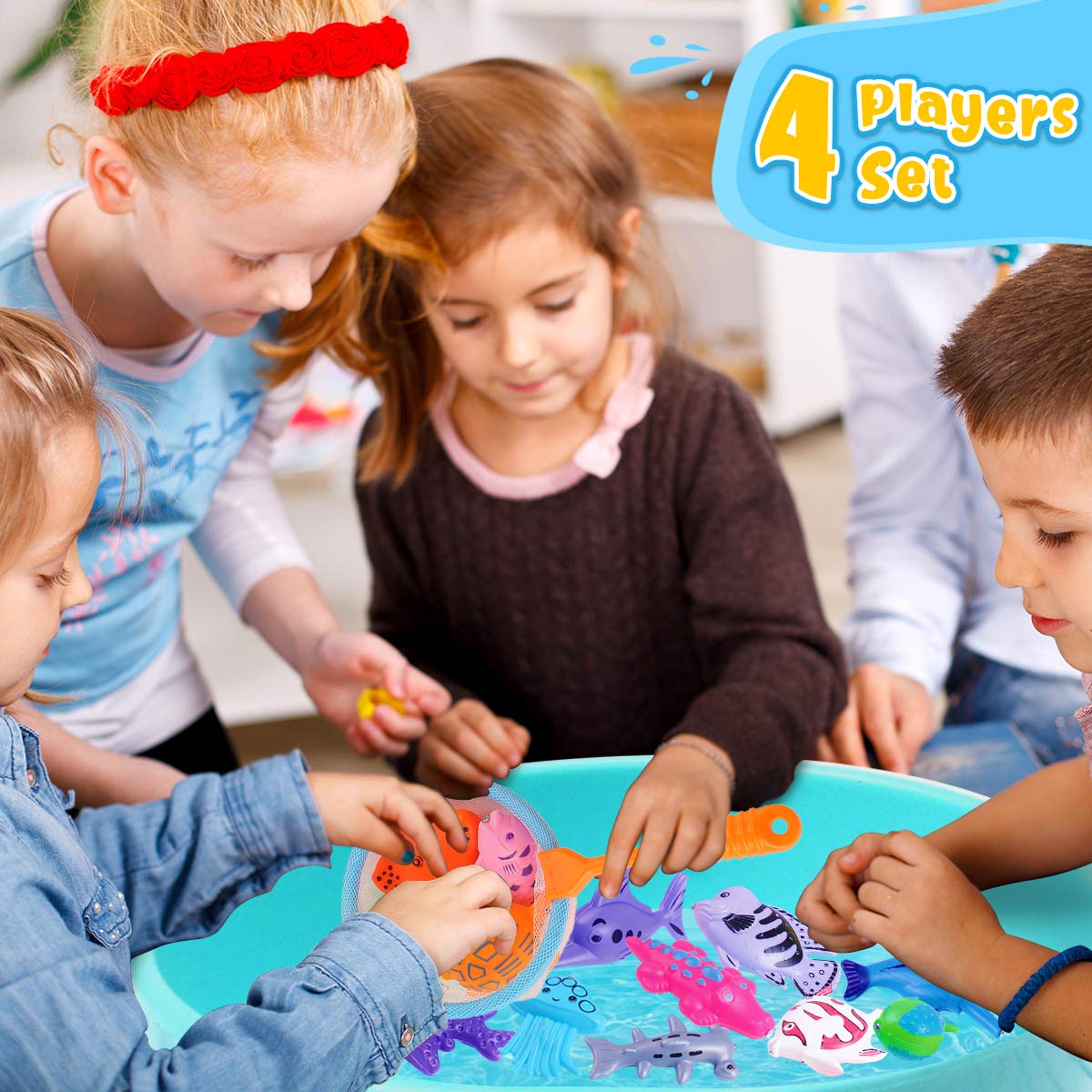 Goody King Fishing Toys for Kids Ages 3+ Pool Fishing Toys Magnetic Games - Bathtub Outdoor Indoor Water Table Fish Kids Toy Pole Rod Net 4 Players Carnival Party Water Table Toy Gift Age 3-5 6 4-8