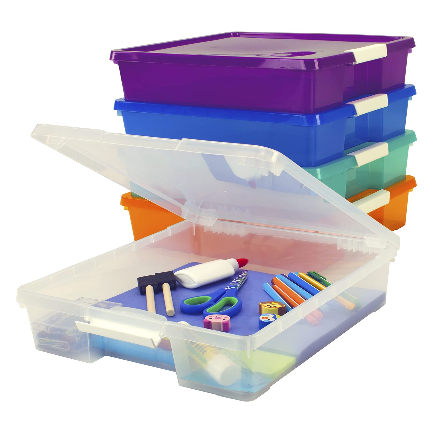 Storex Classroom Student Project Box, Plastic, 15.25 x 13.25 x 3.25 inches , Assorted Tints, 5-Pack (63202U05C), standard sized