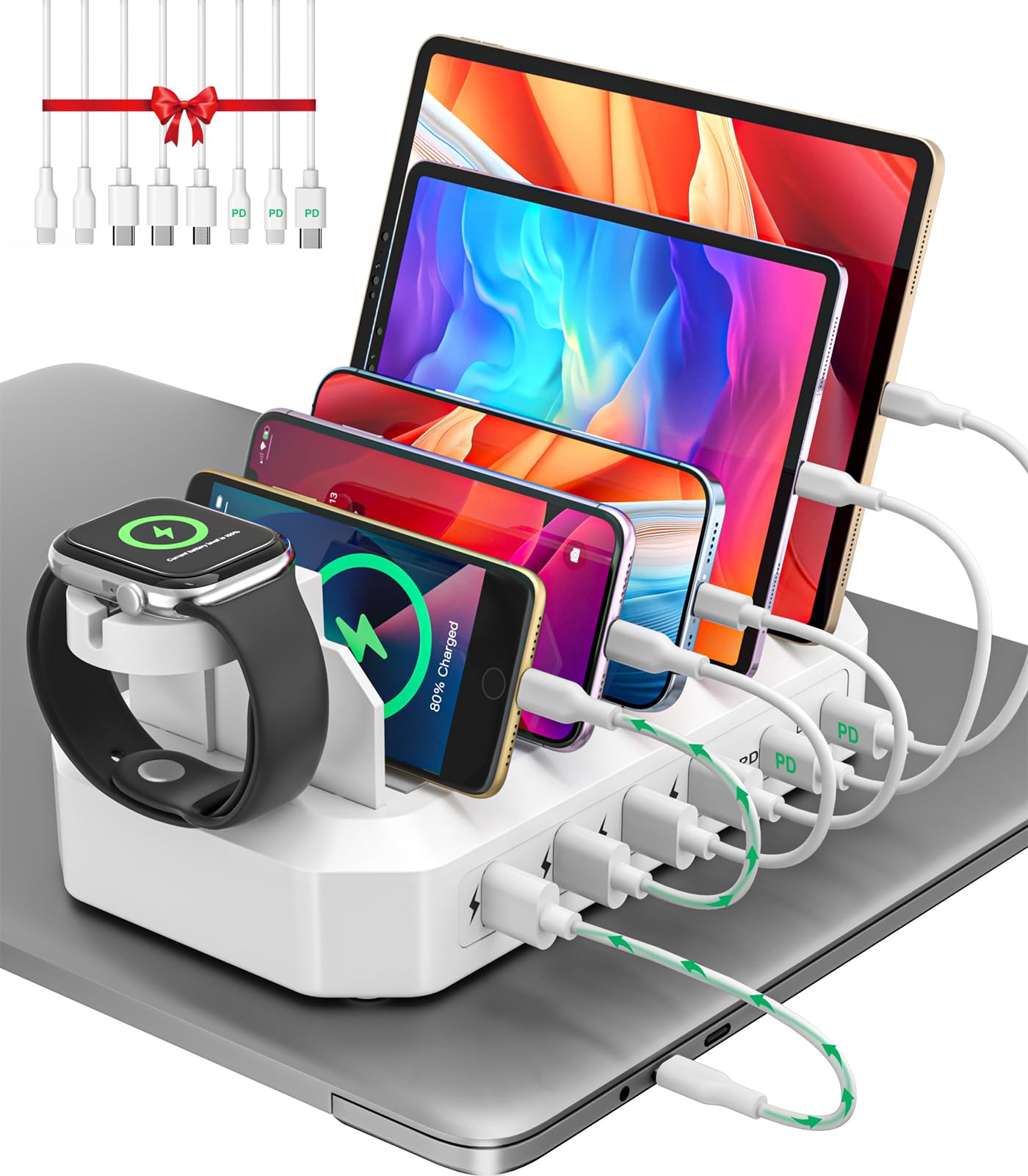 95W Fast Charging Station for Multiple Devices【UL & FCC Tested Safer Charging】 6-Port USB Charging Dock with 2 PD-Port, Compatible with iPhone/Android/MacBook/iPad/Tablet/Kindle/Apple Watch & More