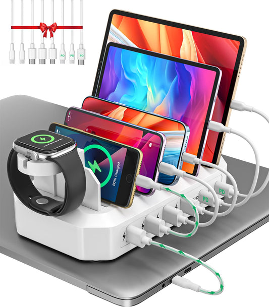 95W Fast Charging Station for Multiple Devices【UL & FCC Tested Safer Charging】 6-Port USB Charging Dock with 2 PD-Port, Compatible with iPhone/Android/MacBook/iPad/Tablet/Kindle/Apple Watch & More