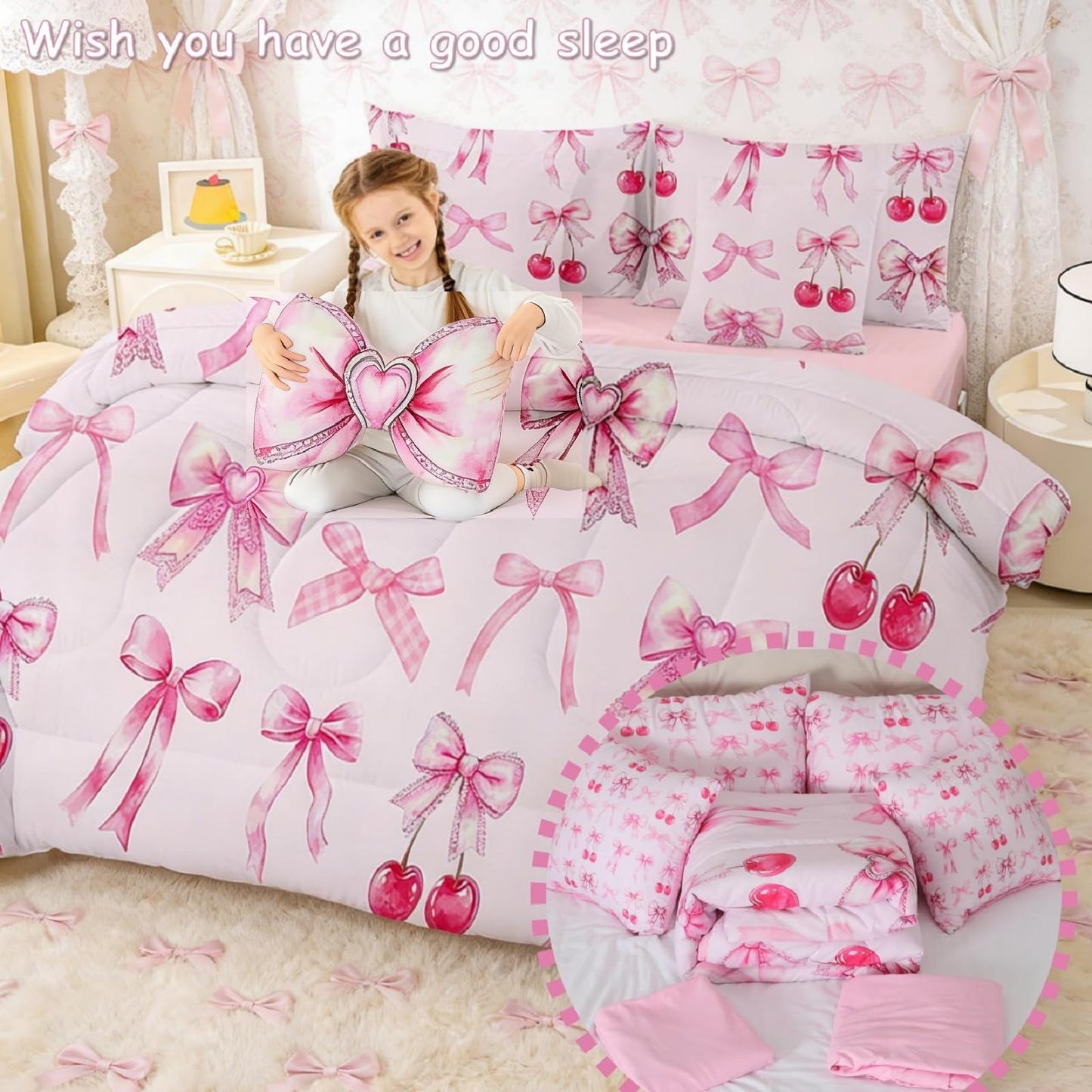 Pink Cherry Bow Twin Comforter Set for Girls 7 Piece Bed in a Bag,Cute Bowknot Reversible Twin Bedding Sets for Girls,Princess Bow Coquette Comforter and Sheet Set Girly Kawaii Room Decor Aesthetic