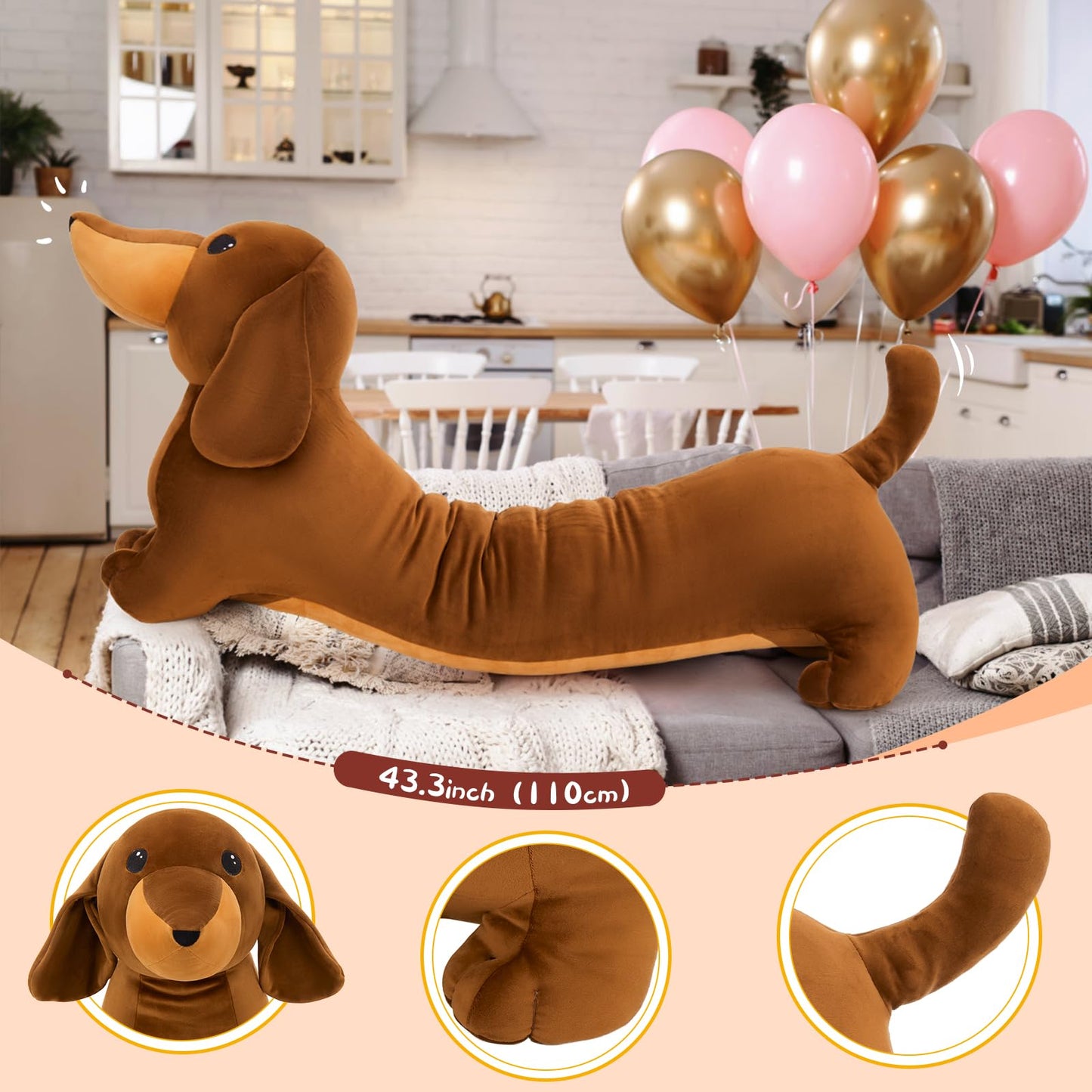 MorisMos Giant Dachshund Stuffed Animal, 43.3in Large Dachshund Long Body Pillow,Huge Stuffed Dog Body Pillow for Kids Adults,Christmas Birthday Valentine's Day Present