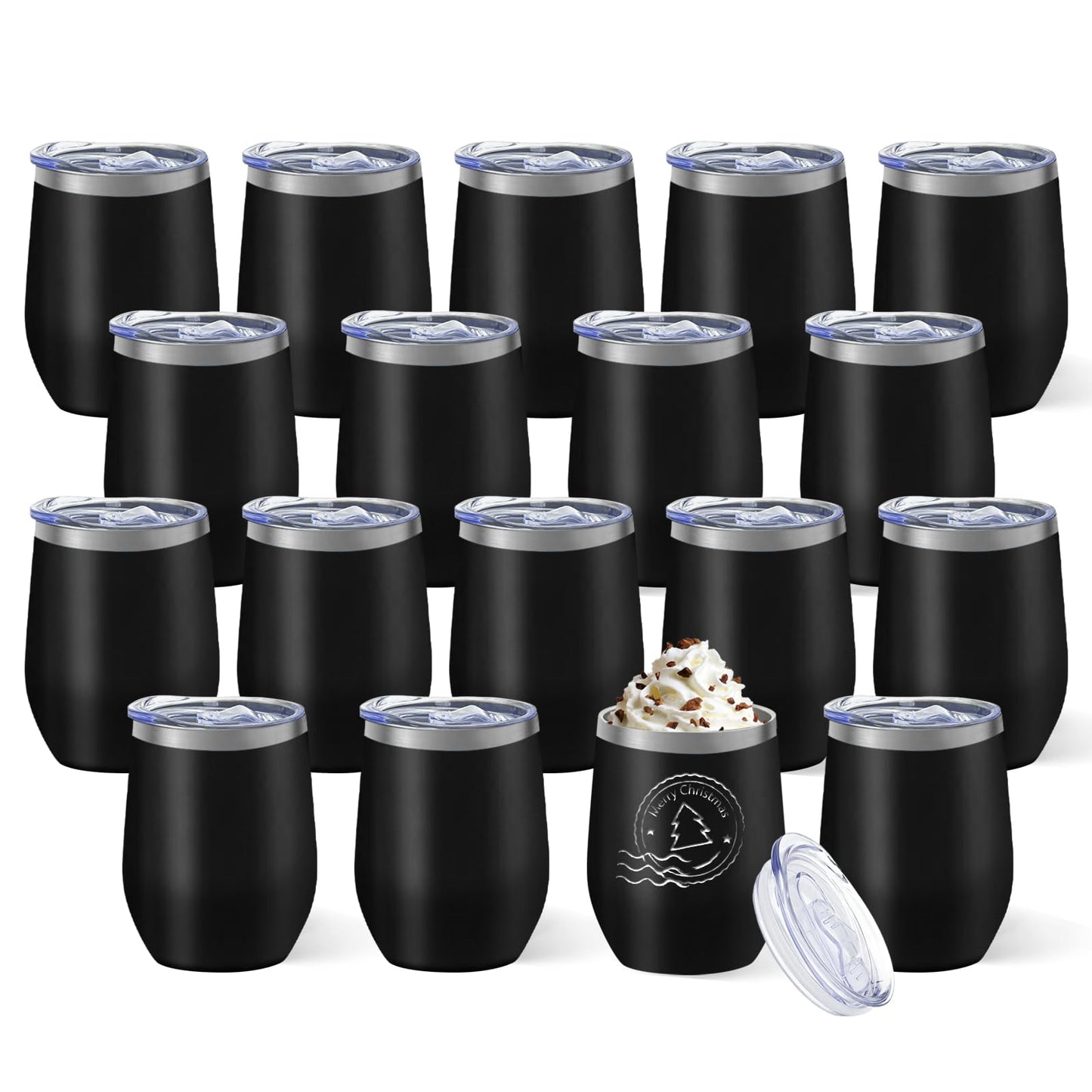 YOUKE OLA 18 Pack Stainless Steel Wine Tumbler with lid, 12oz Insulated Powder Coated Wine Tumbler Stemless Double Wall Vacuum Wine Glass Coffee Tumbler for Laser Engrave, Black