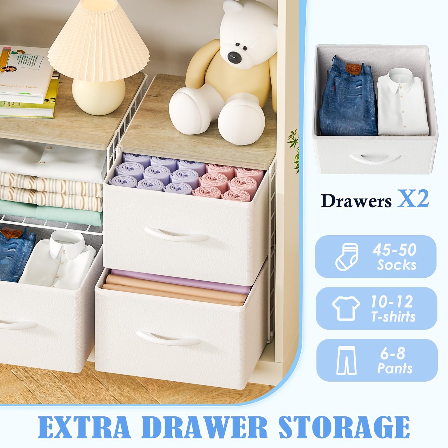 2 Pack Stackable Storage Drawers, Closet Organizers and Storage Shelves with Wooden Top & Adjustable Dividers, White Fabric Closet Drawer Organizer, Modular Storage Bins for Bedroom Wardrobe Apartment