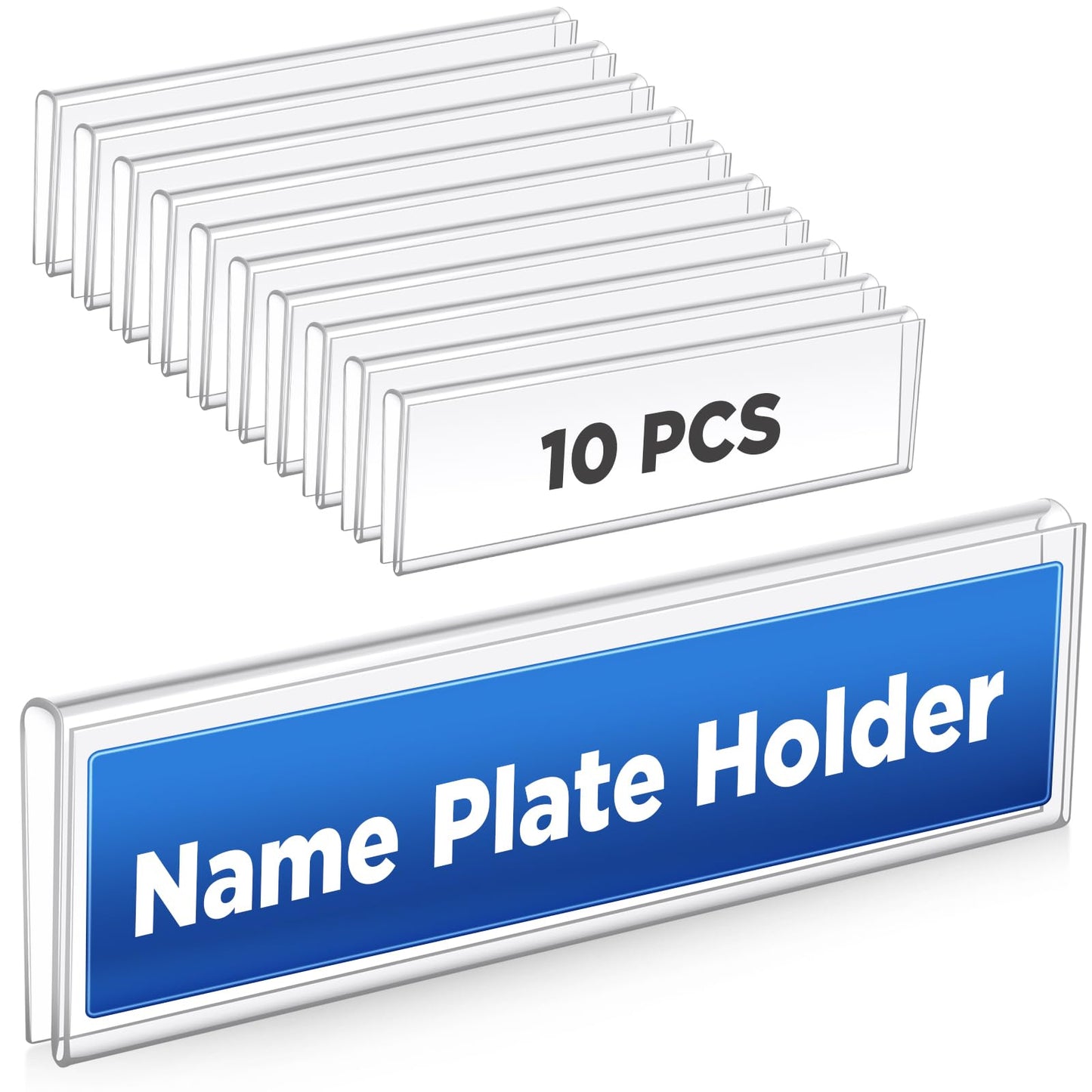 Wonderjune 10 Pack Plastic Cubicle Name Plate Holder 8.5" Wide x 2" High Glass Wall Name Plate Holder Clear Acrylic Sign Display Stand for Home Office Business (Suitable for 1/4" Cubicle Wall)