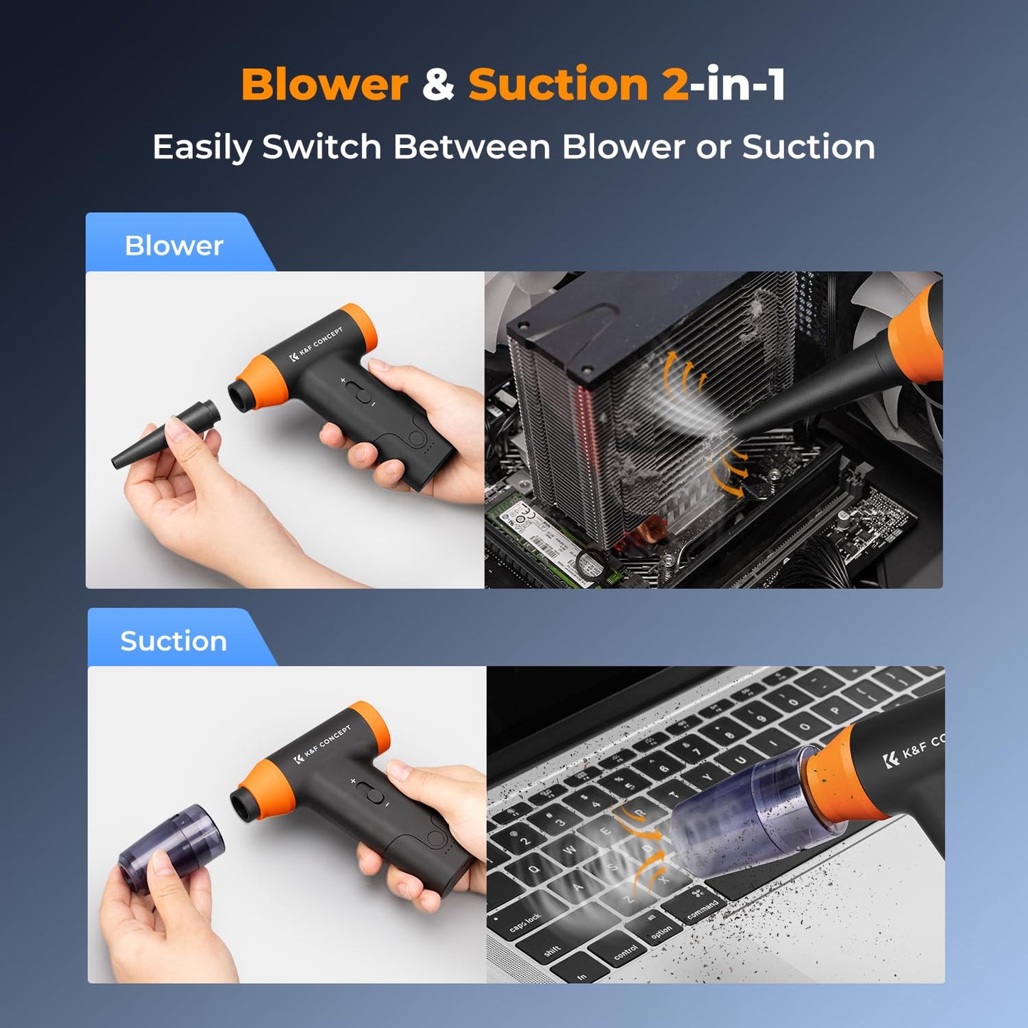 K&F Concept BS200 Blower & Suction 2 in 1 Compressed Air Duster, 150000RPM Super Power Electric Air Duster, Stepless Speed Regulation, Portable Dust Blower for Computer, Keyboard, House, Outdoor, Car