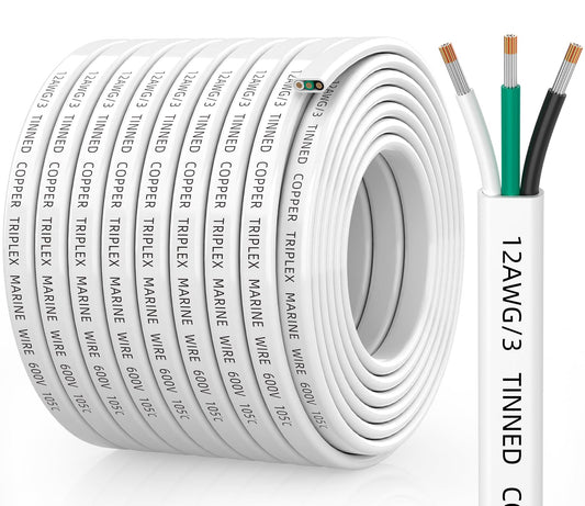 CONEPY 12 Gauge Marine Wire, 12/3 Triplex Marine Grade Cable, IP68 Waterproof/Oxygen-Free Tinned Copper Stranded PVC 12 AWG Wire for Boat, Automotive, RV, Solar, LED Strips (50FT/15M)