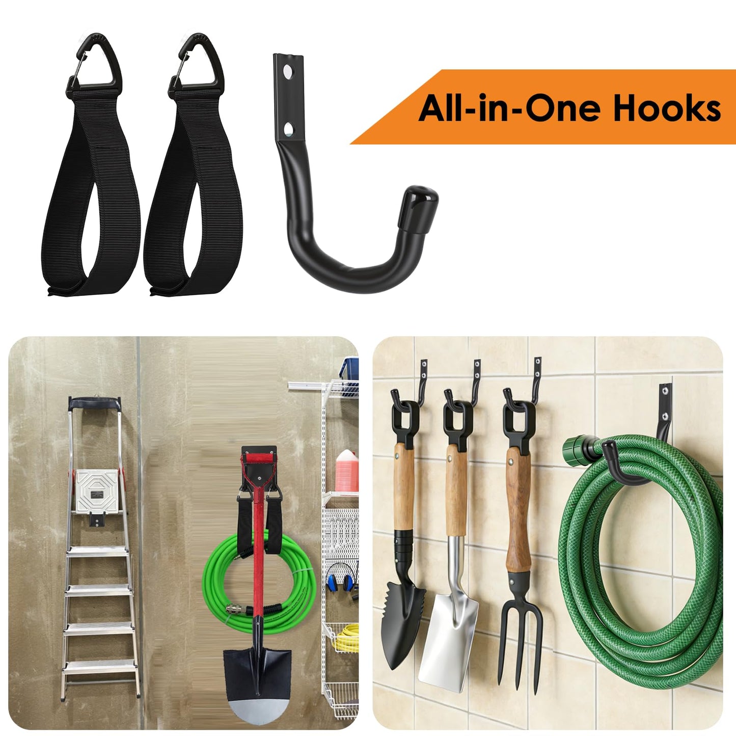 14" Garage Hooks Heavy Duty 8-Pack - Garage Storage System Hooks, Ladder Hooks for Garage Wall & Broom Holder Wall Mount | Non-Slip Tire Rack & Heavy Duty Wall Hooks for Hanging Ladders, Chairs.