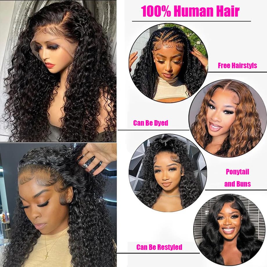 JTMMP 13x6 Deep Wave Lace Front Wigs Human Hair 200% Density 26 Inch Curly Human Hair Wig for Women Natural Black HD Transparent Lace Glueless Frontal Wigs Human Hair Pre Plucked with Baby Hair