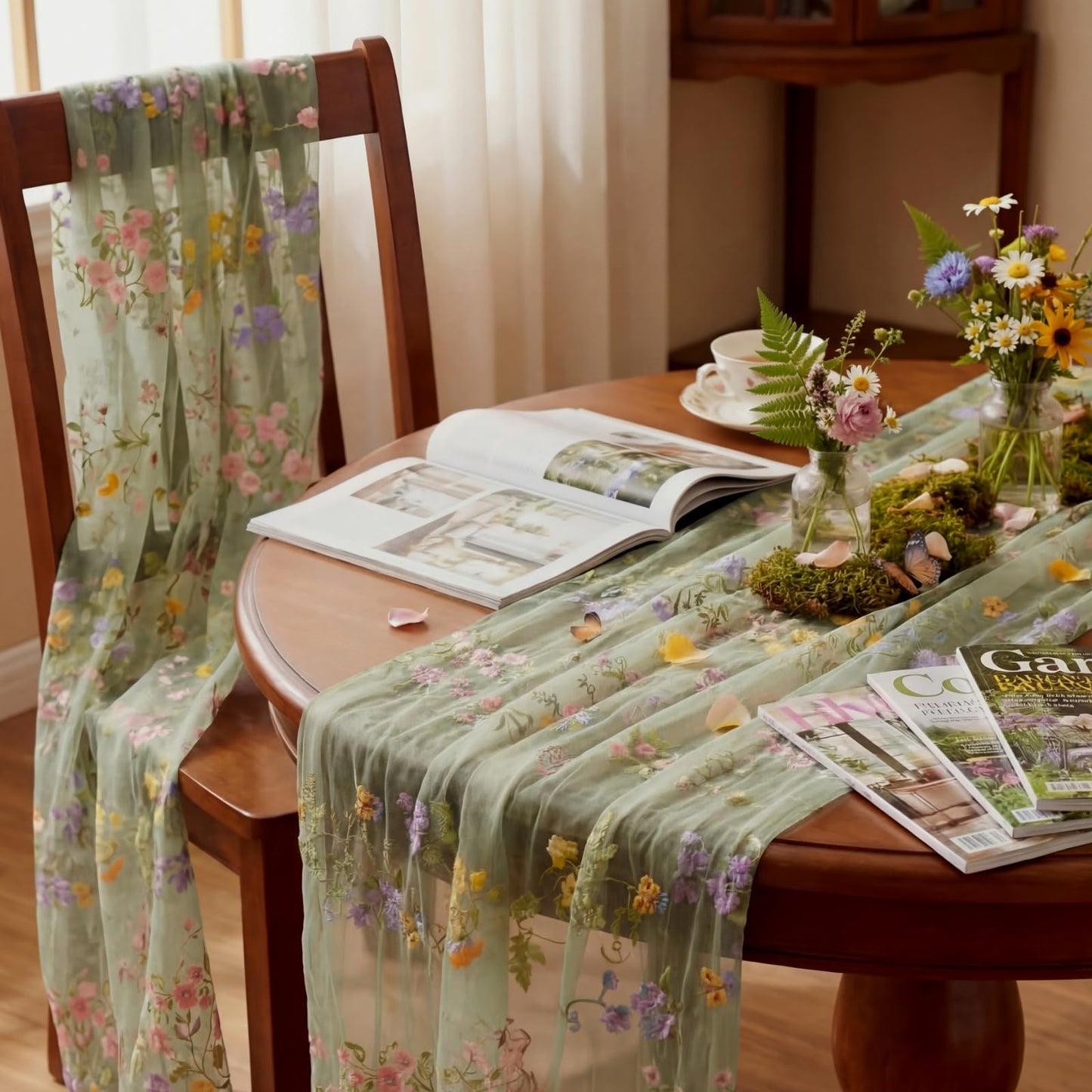 Windkream Sage Green Floral Table Runner 10ft Embroidery Tulle Spring Wildflower Table Runner Seasonal Summer Butterfly Kitchen Dining Gauze Decoration for Wedding Baby Shower Birthday Party (3 Pcs)