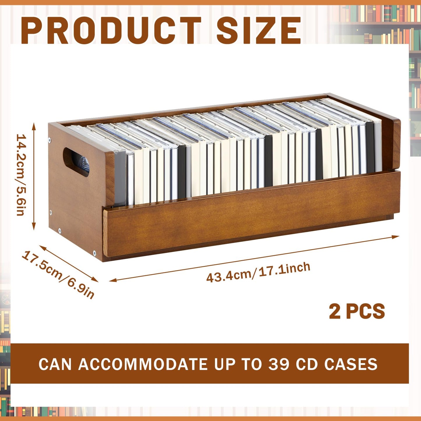 CroBlissful 2 Set Wooden CD Storage Box, Father's Gift for Dad, Cassette Tape Display Racks with Carrying Handles, Shelf for Movie Cases, DVDs, Each Set Store up to 36 Pcs CDs (Brown)