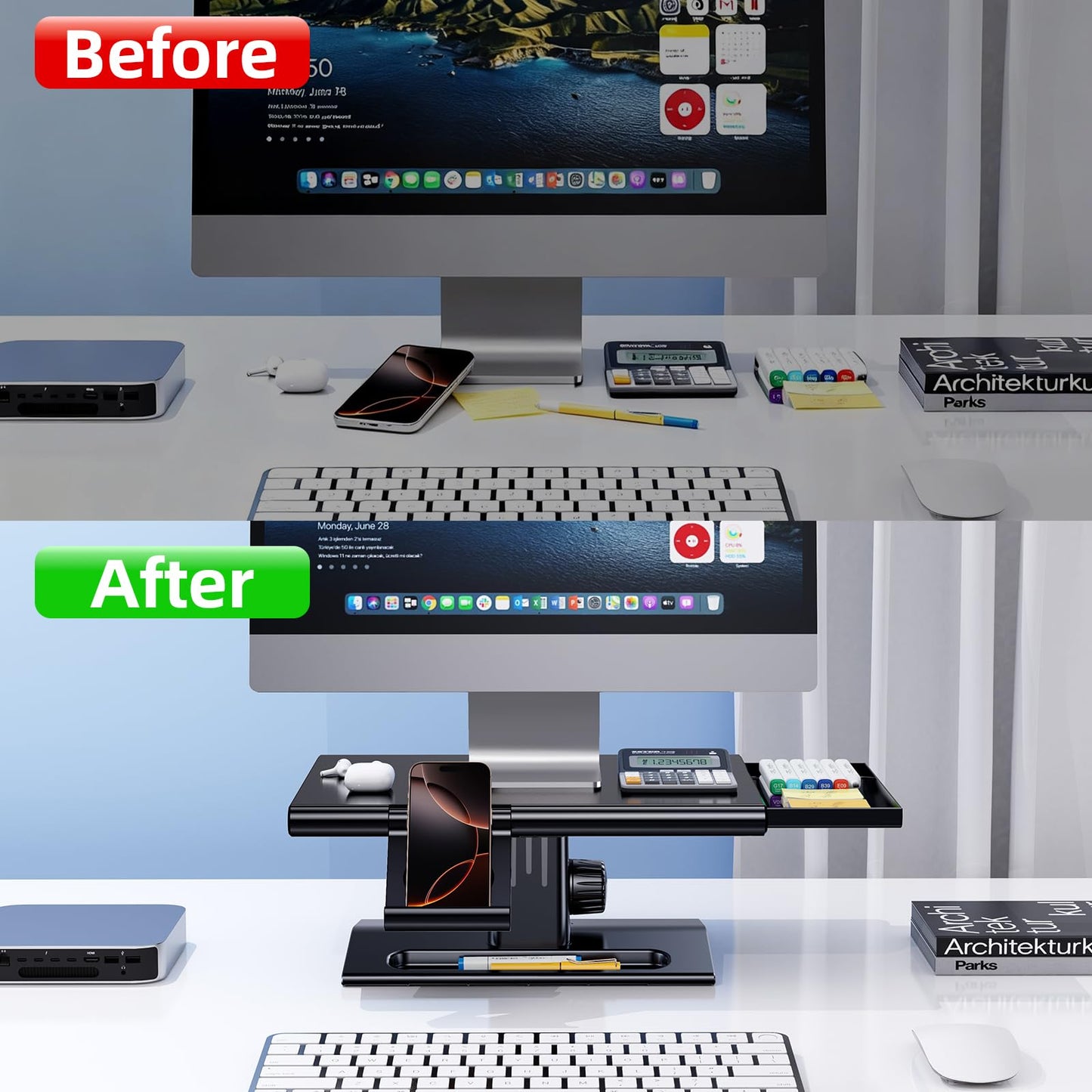 NIFBANG Computer Monitor Stand Riser for Desk,5.7-6.5 Inches Height Adjustable with Storage Drawer & Phone Holder,Workspace Desktop Organizer Monitor Stands Risers Shelf for Computer,Laptop,Printer,TV