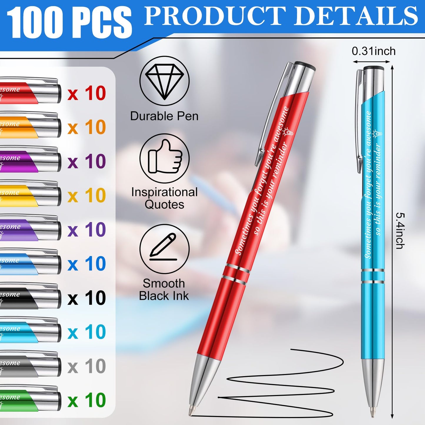 Sherr 100 Pcs Ballpoint Pens Motivational Inspirational Quotes Metal Pen Bulk Employee Appreciation Gifts Encouraging Writing Black Ink for Student Coworker Teacher Office(You're Awesome)