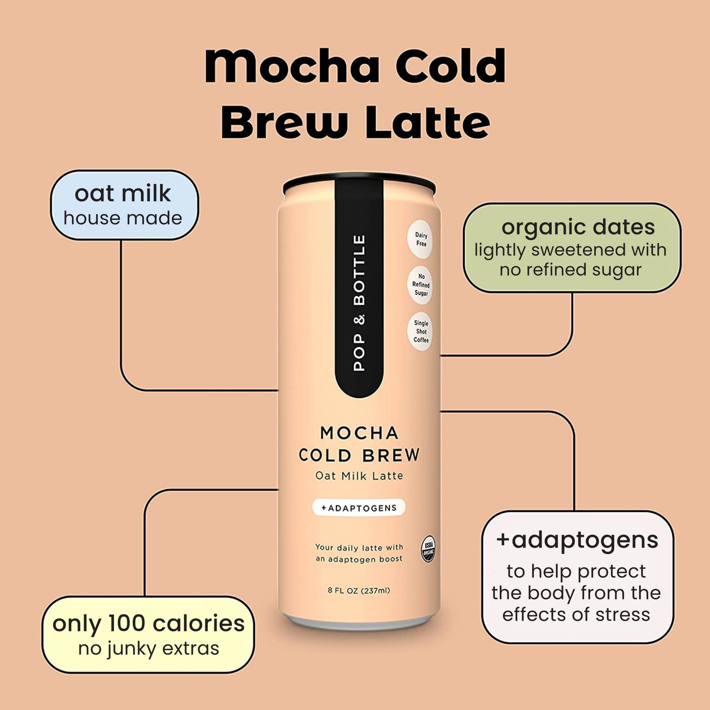 Pop & Bottle, Oat Milk Lattes - Cold Brew with Adaptogens, Maca, Ashwagandha, MCT Oil, Oat Milk, Organic, Dairy Free, Gluten Free, Great as Iced Coffee, Lightly Sweetened with Dates - Mocha, 8 Fl Oz (12 Pack)